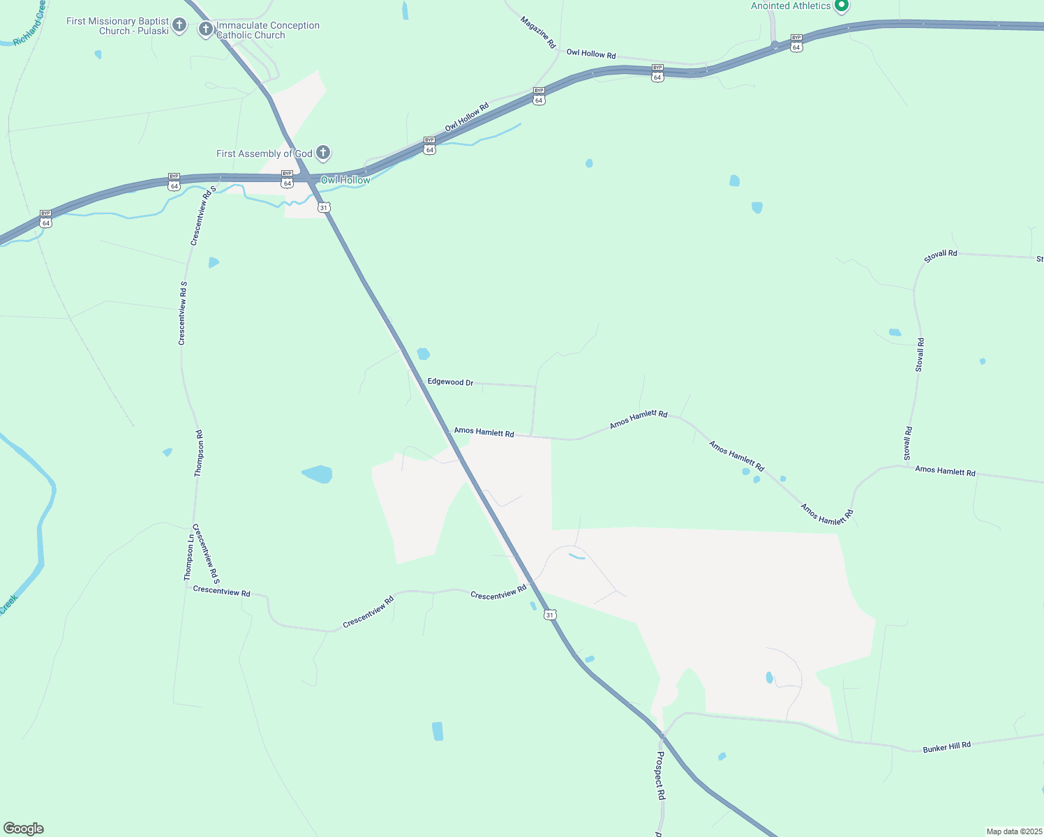 map of restaurants, bars, coffee shops, grocery stores, and more near 1331 Amos Hamlett Road in Pulaski