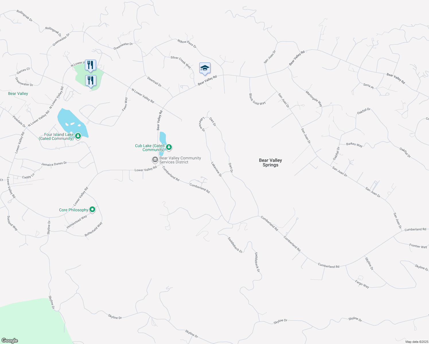 map of restaurants, bars, coffee shops, grocery stores, and more near 23441 Lakeview Drive in Tehachapi