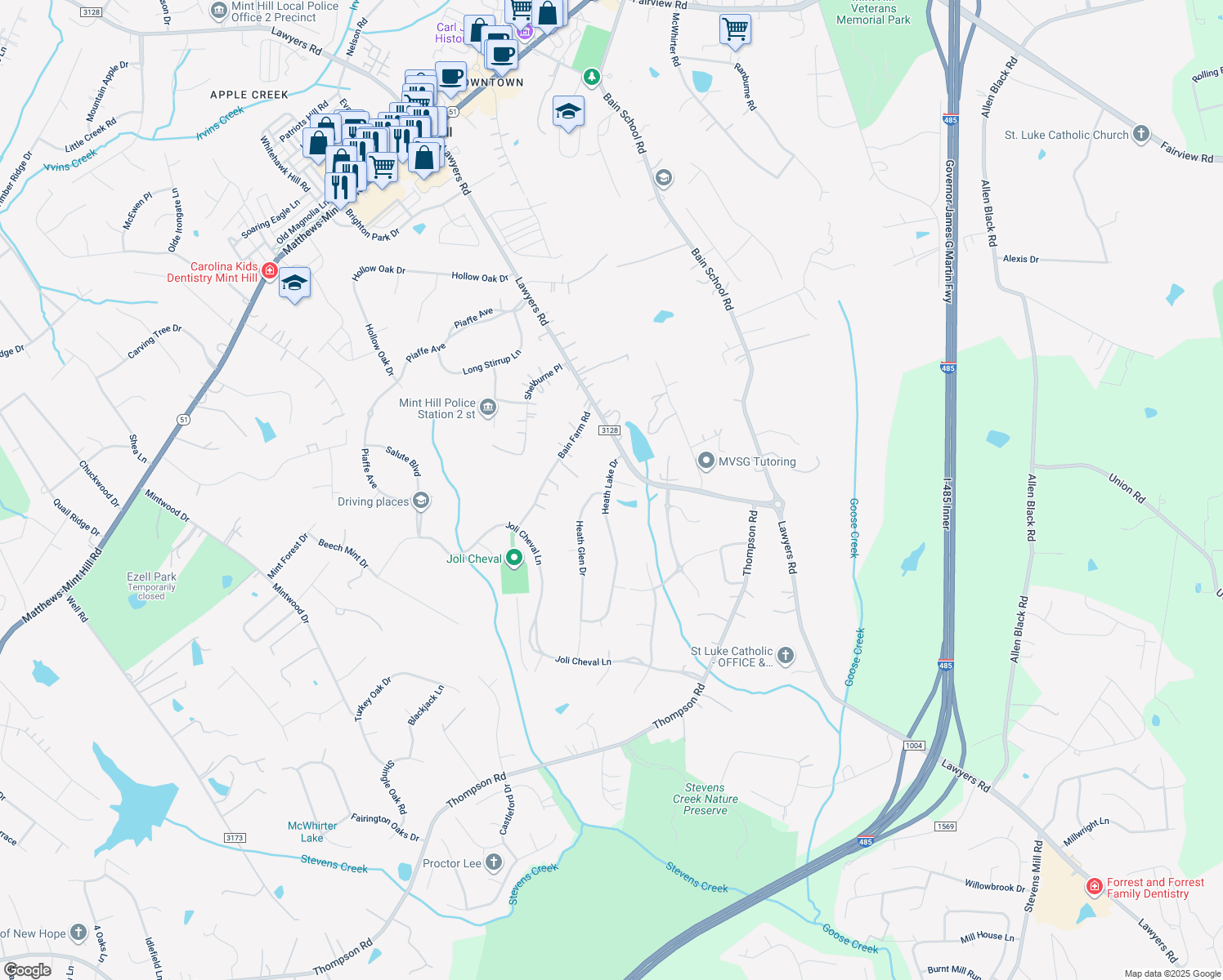 map of restaurants, bars, coffee shops, grocery stores, and more near 2522 Heath Lake Drive in Mint Hill