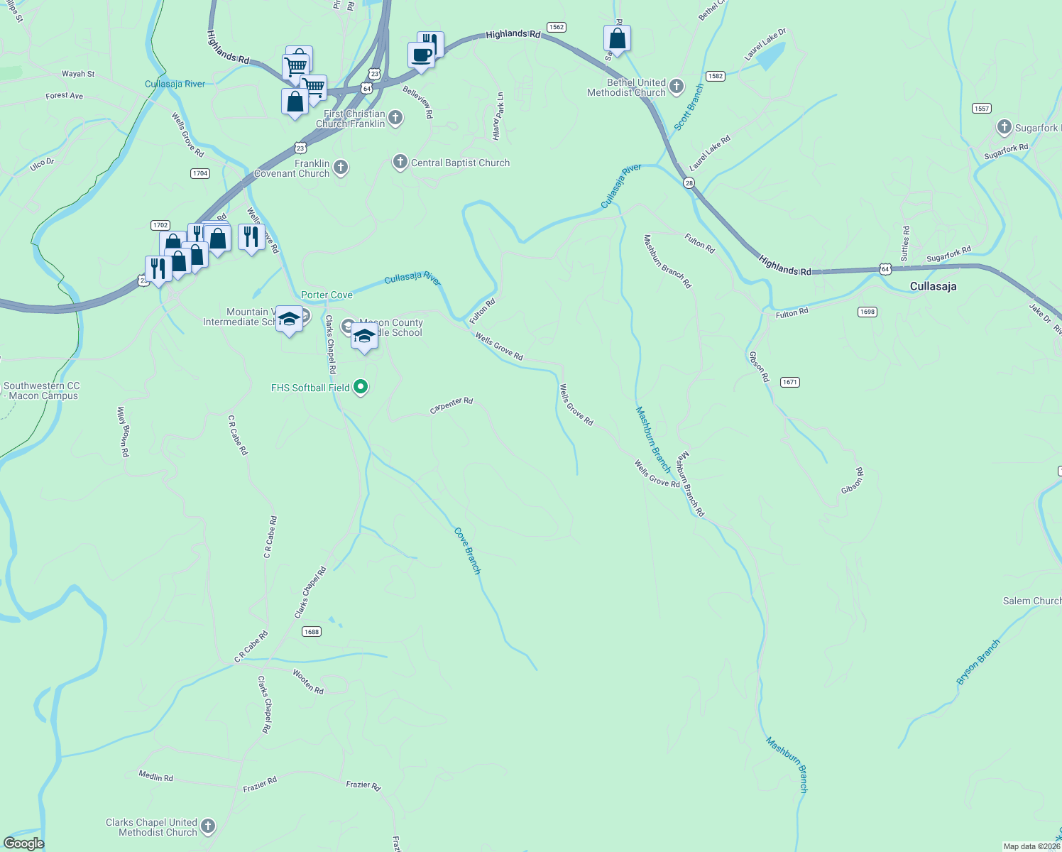 map of restaurants, bars, coffee shops, grocery stores, and more near 894 Angel Cove Road in Franklin