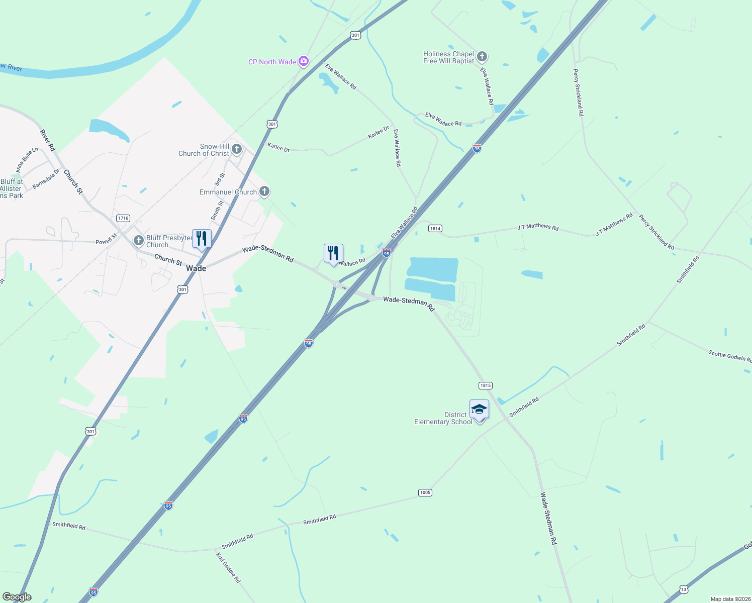 map of restaurants, bars, coffee shops, grocery stores, and more near 6367 Wade-Stedman Rd in Wade