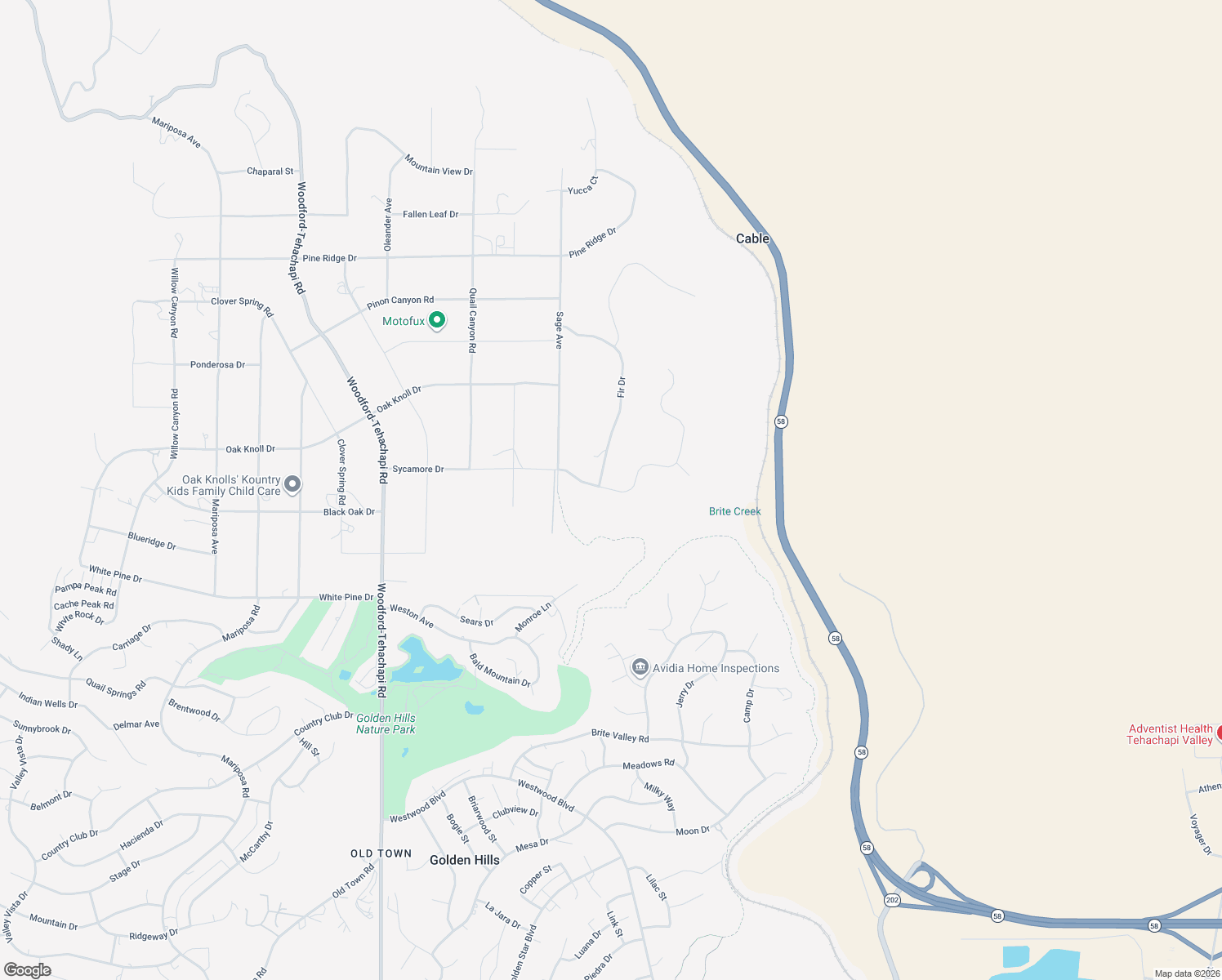 map of restaurants, bars, coffee shops, grocery stores, and more near Sycamore Drive in Tehachapi