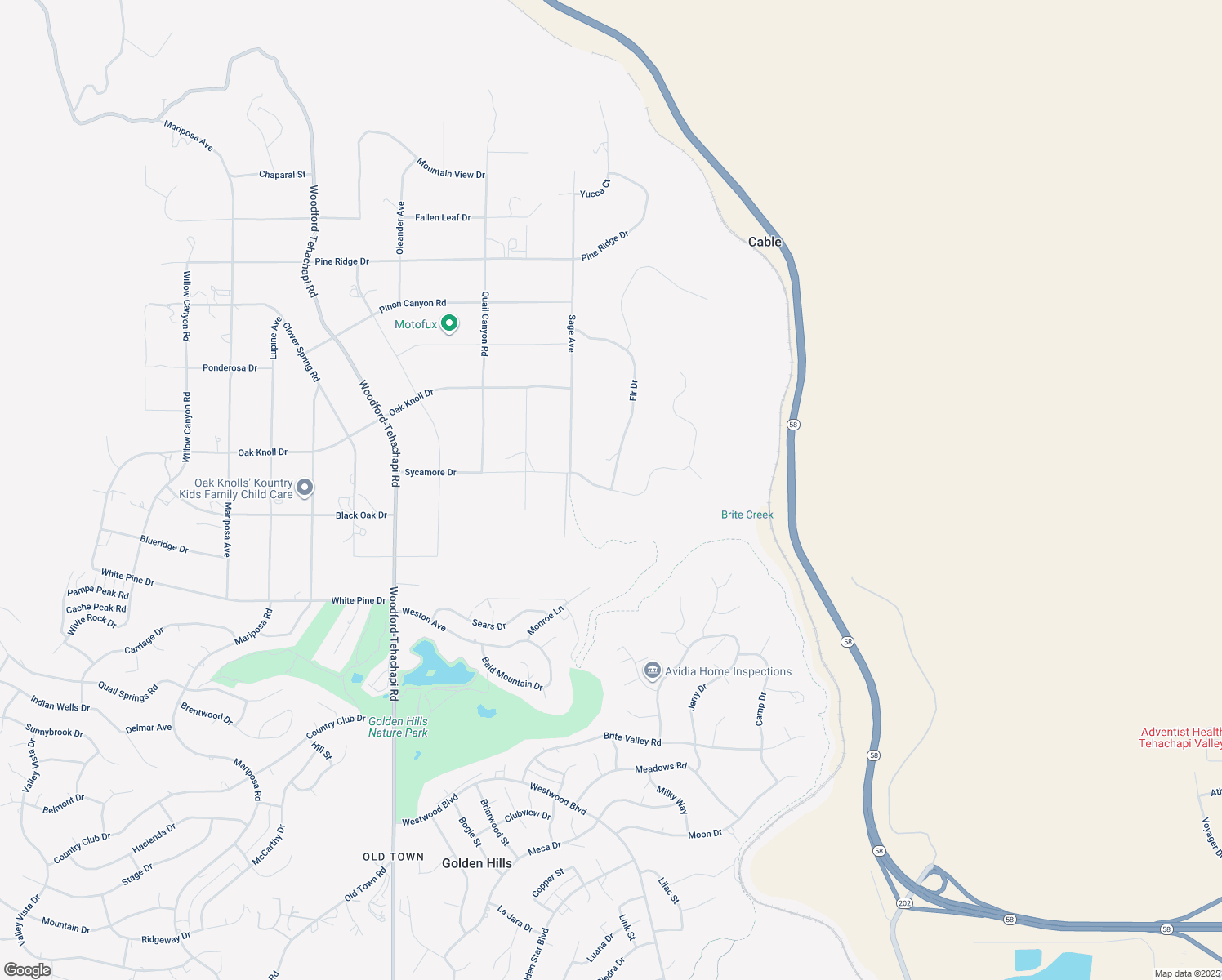map of restaurants, bars, coffee shops, grocery stores, and more near Sycamore Drive in Tehachapi