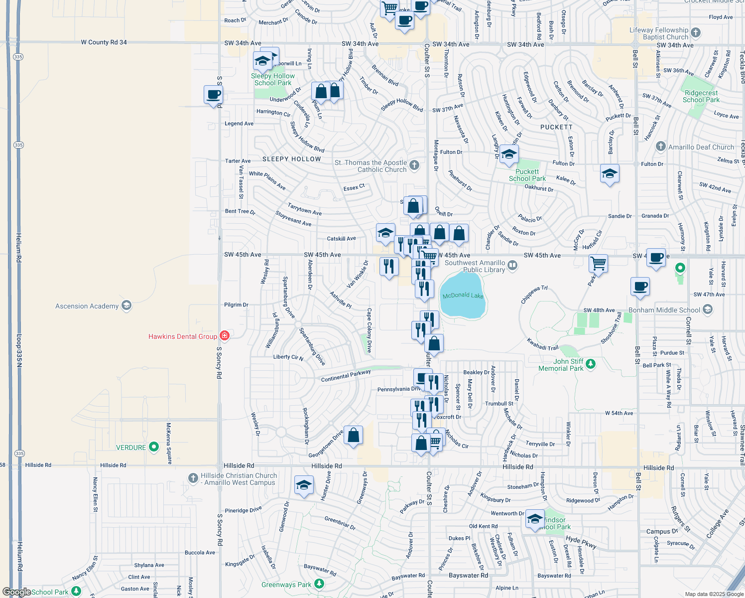 map of restaurants, bars, coffee shops, grocery stores, and more near 4615 Cape Colony Dr in Amarillo