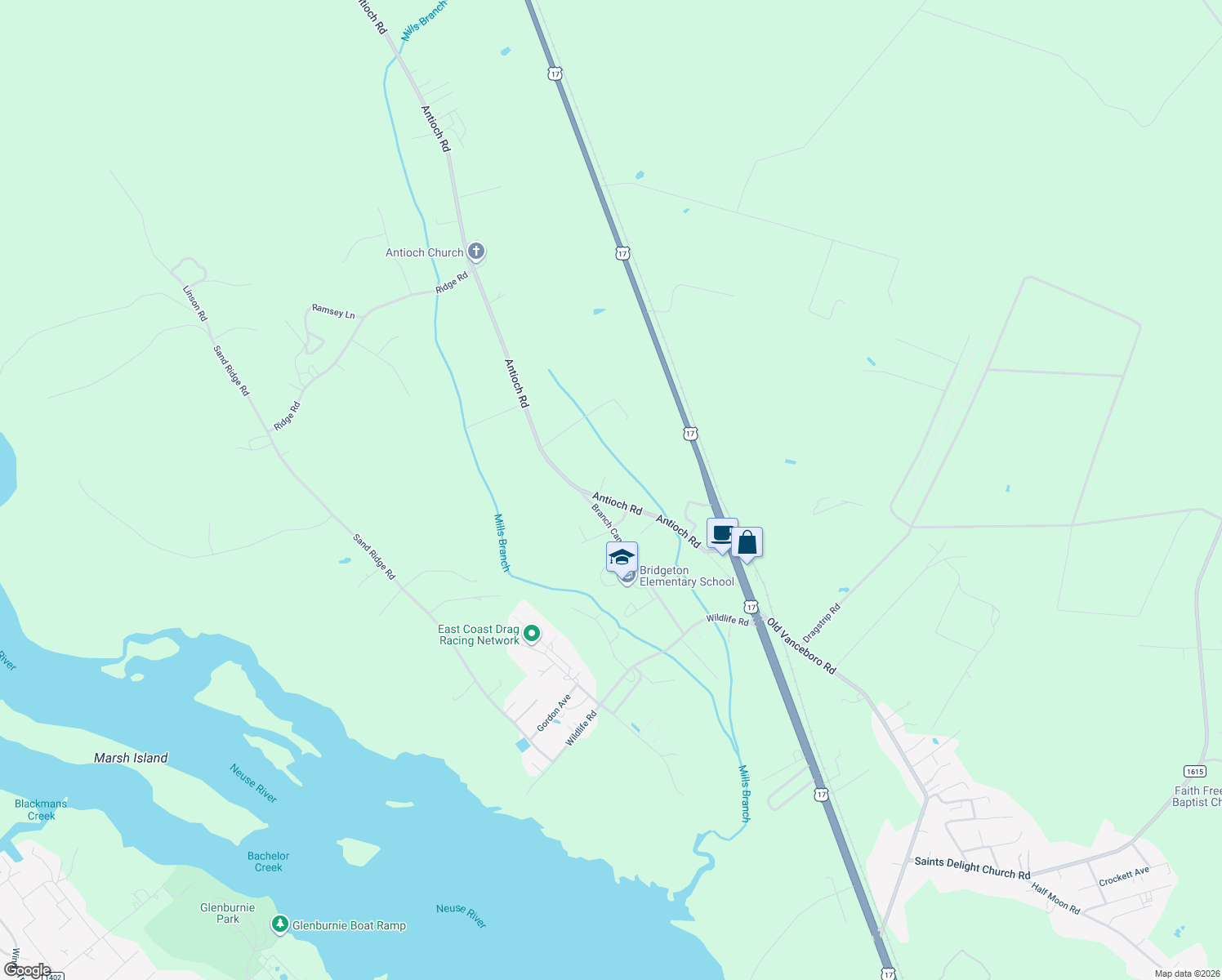 map of restaurants, bars, coffee shops, grocery stores, and more near 330 Antioch Road in New Bern