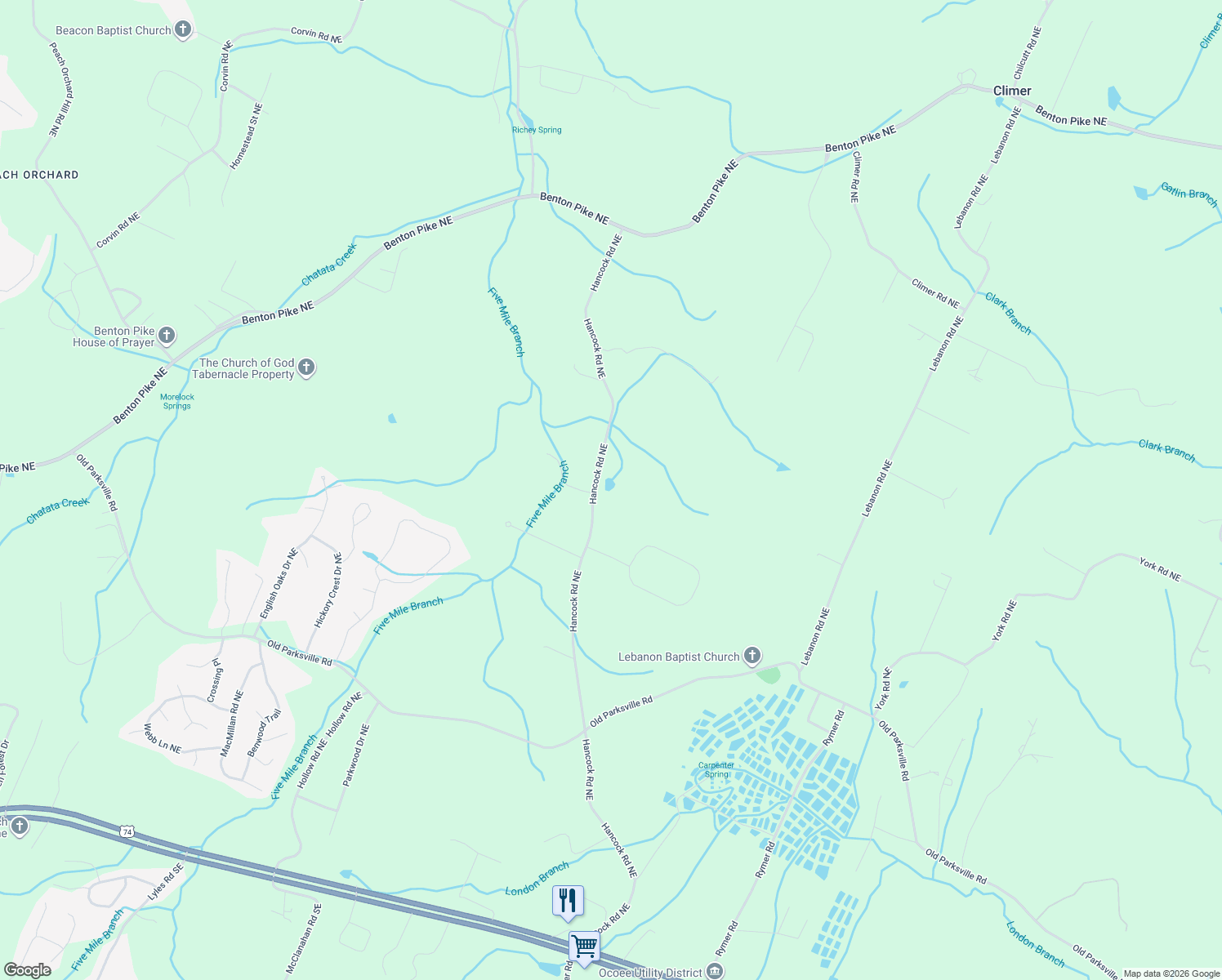 map of restaurants, bars, coffee shops, grocery stores, and more near 882 Hancock Road Northeast in Cleveland