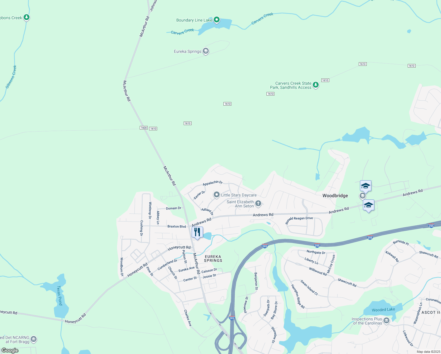 map of restaurants, bars, coffee shops, grocery stores, and more near 837 Muskegon Drive in Fayetteville
