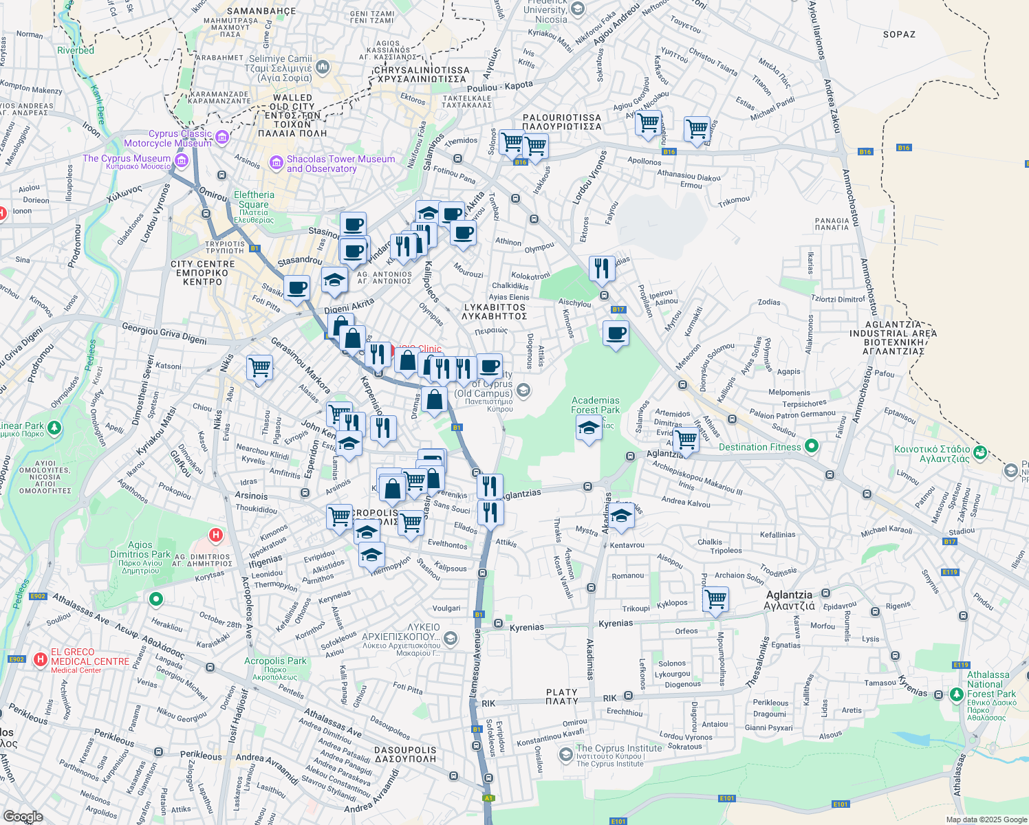 map of restaurants, bars, coffee shops, grocery stores, and more near 75 Kallipoleos in Nicosia