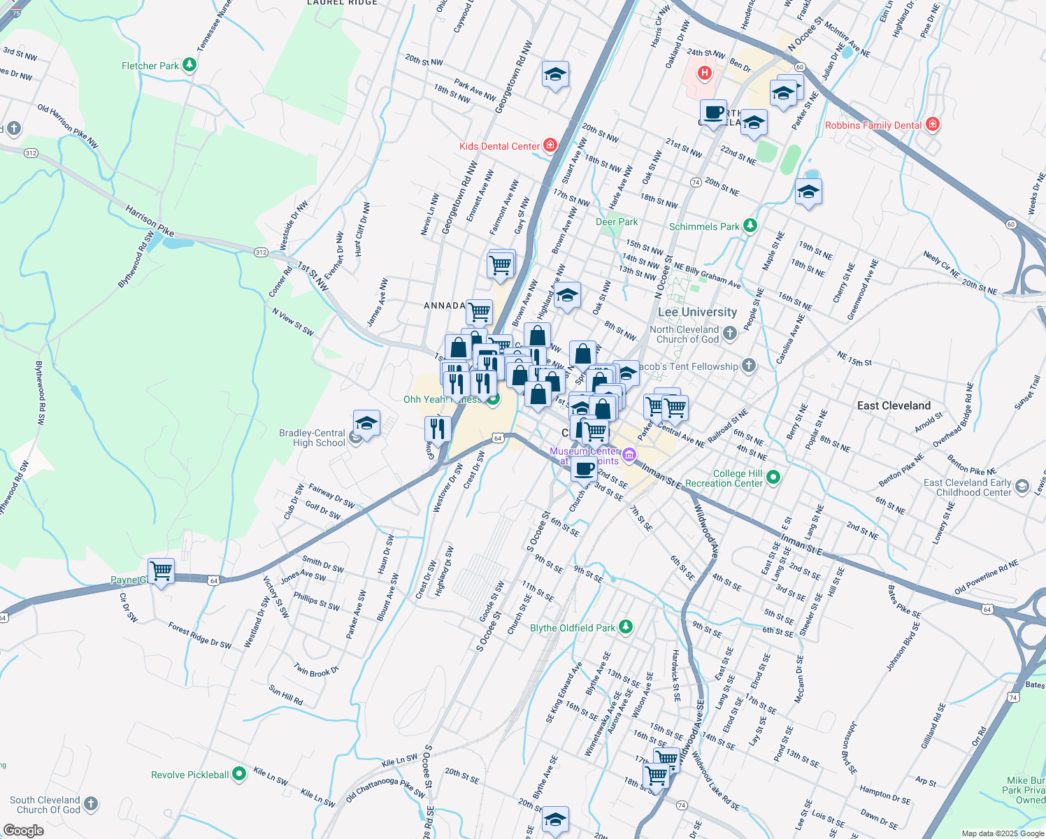map of restaurants, bars, coffee shops, grocery stores, and more near 471 1st St SW in Cleveland