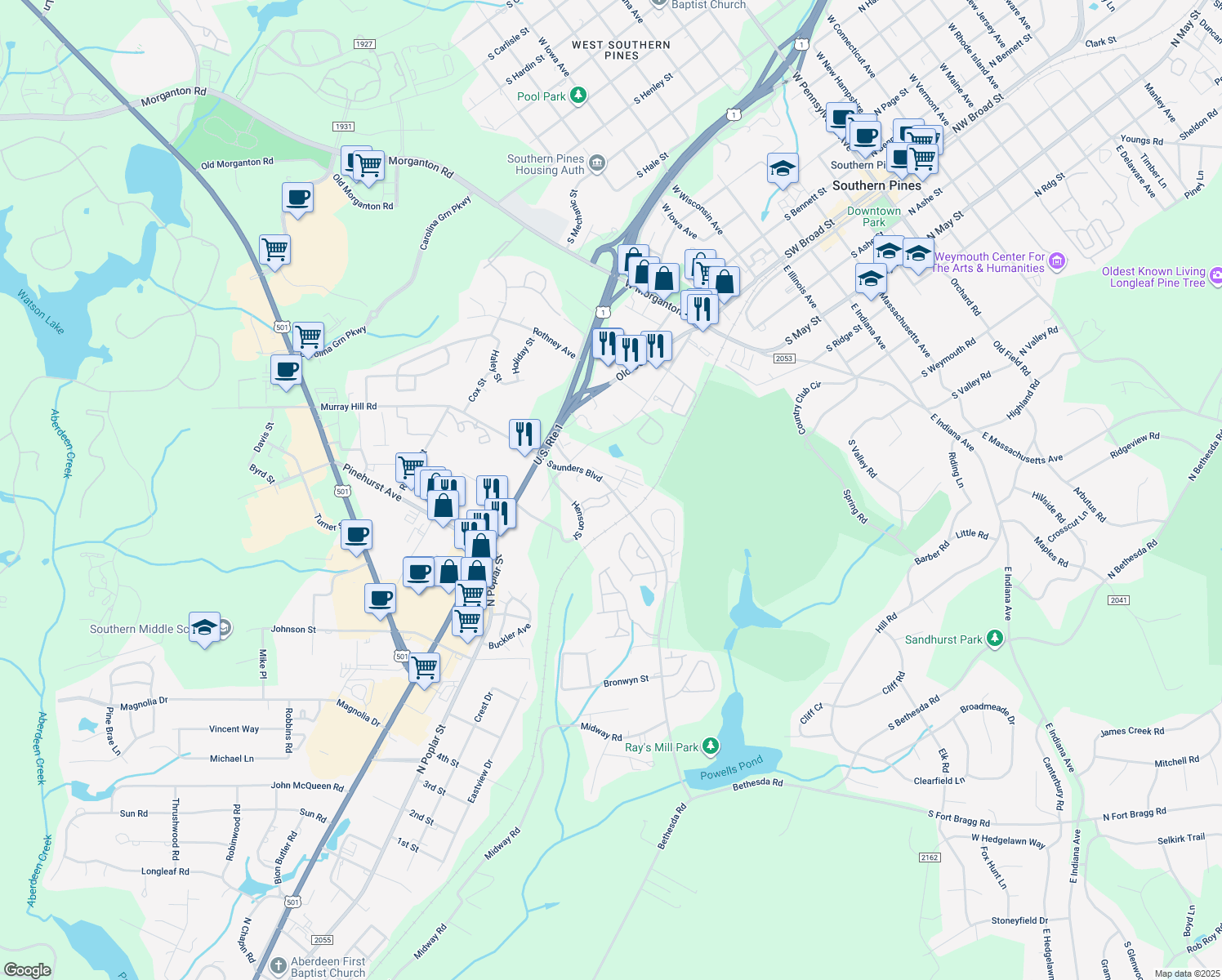 map of restaurants, bars, coffee shops, grocery stores, and more near 270 Saunders Boulevard in Southern Pines