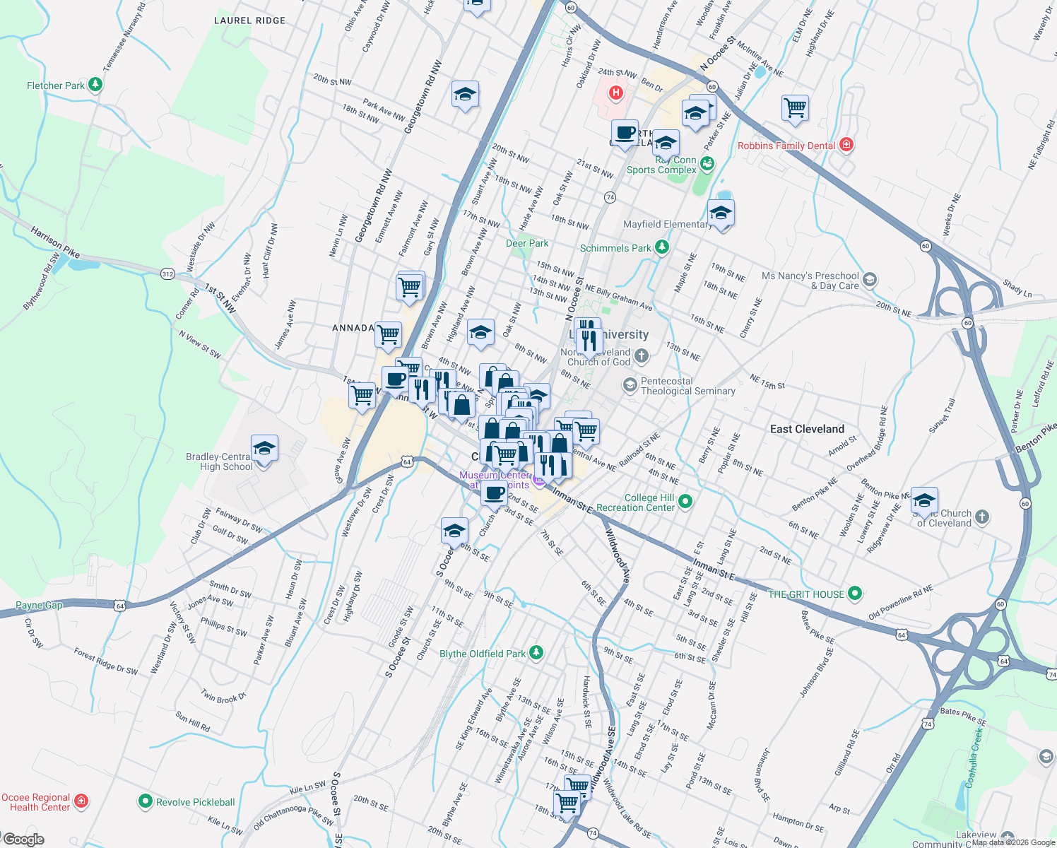 map of restaurants, bars, coffee shops, grocery stores, and more near N Ocoee St & Central Ave NE in Cleveland