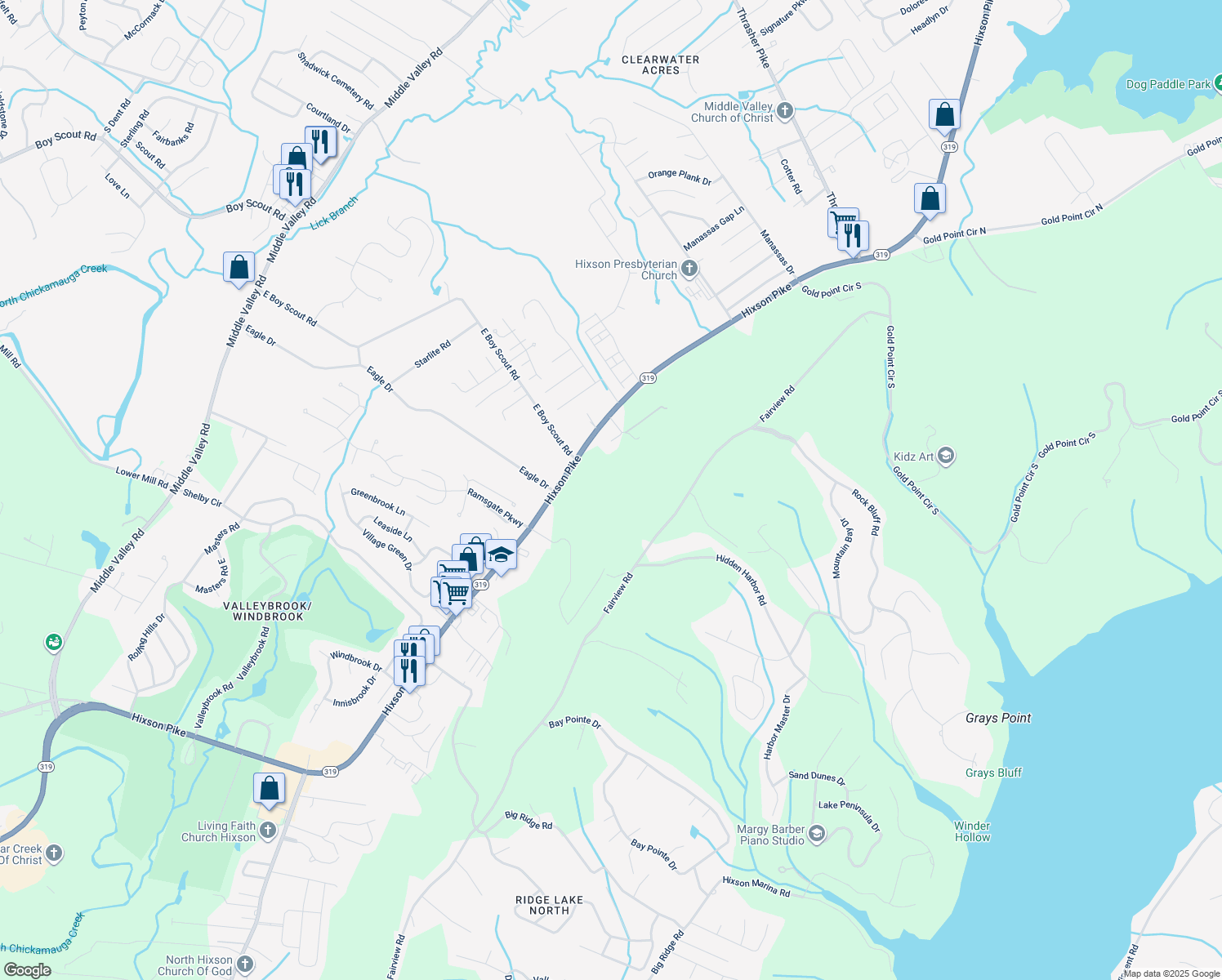 map of restaurants, bars, coffee shops, grocery stores, and more near 6541 Fairview Road in Chattanooga