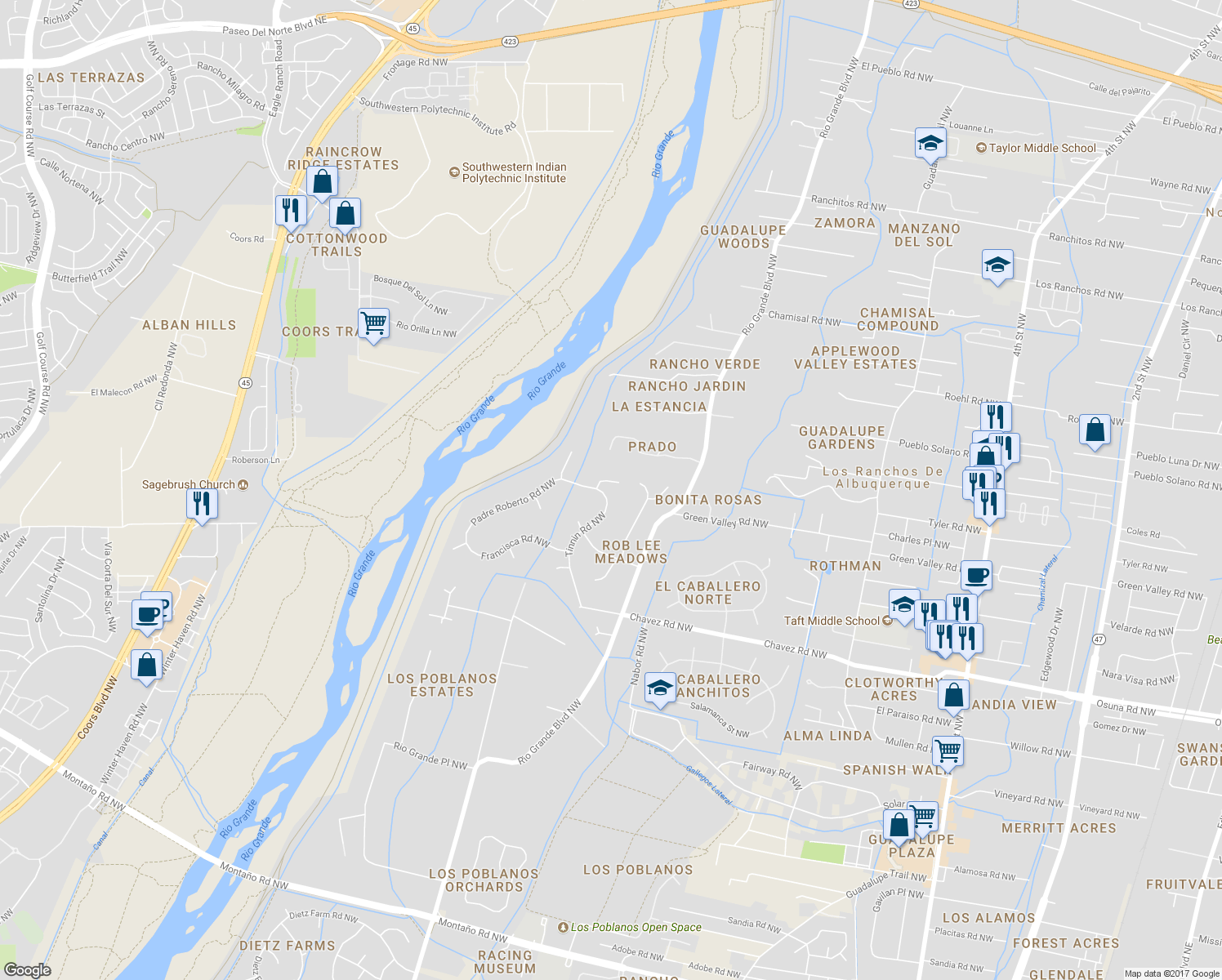 map of restaurants, bars, coffee shops, grocery stores, and more near 1424 Bonito Suenos Court Northwest in Los Ranchos de Albuquerque