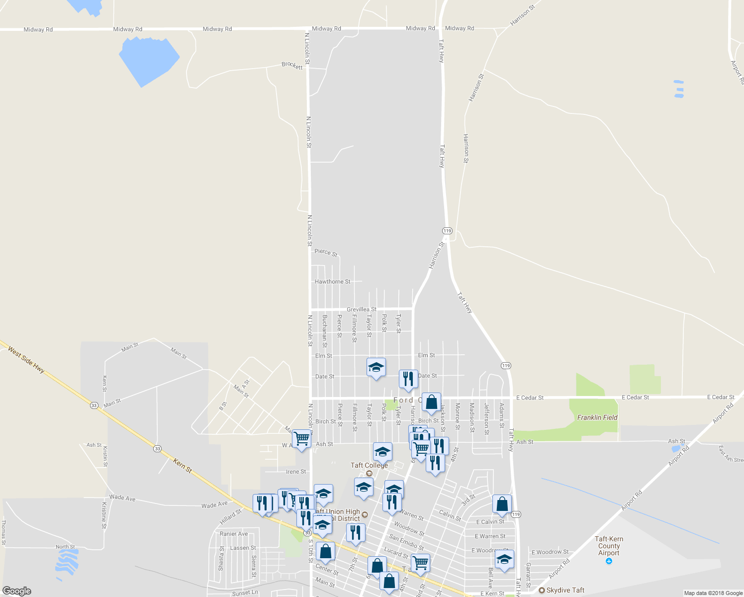 map of restaurants, bars, coffee shops, grocery stores, and more near 708 Taylor Street in Taft