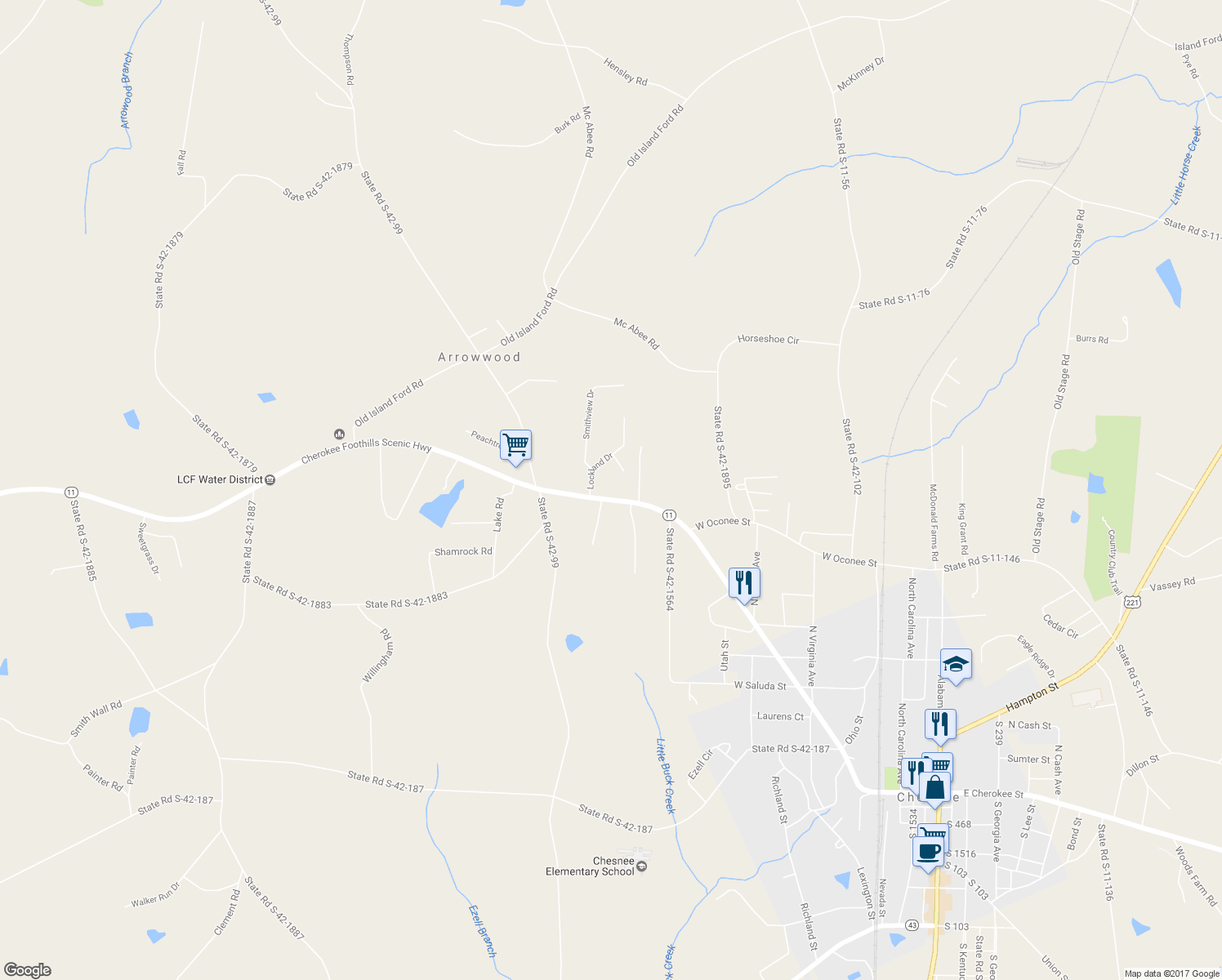 map of restaurants, bars, coffee shops, grocery stores, and more near 1094 South Carolina 11 in Chesnee