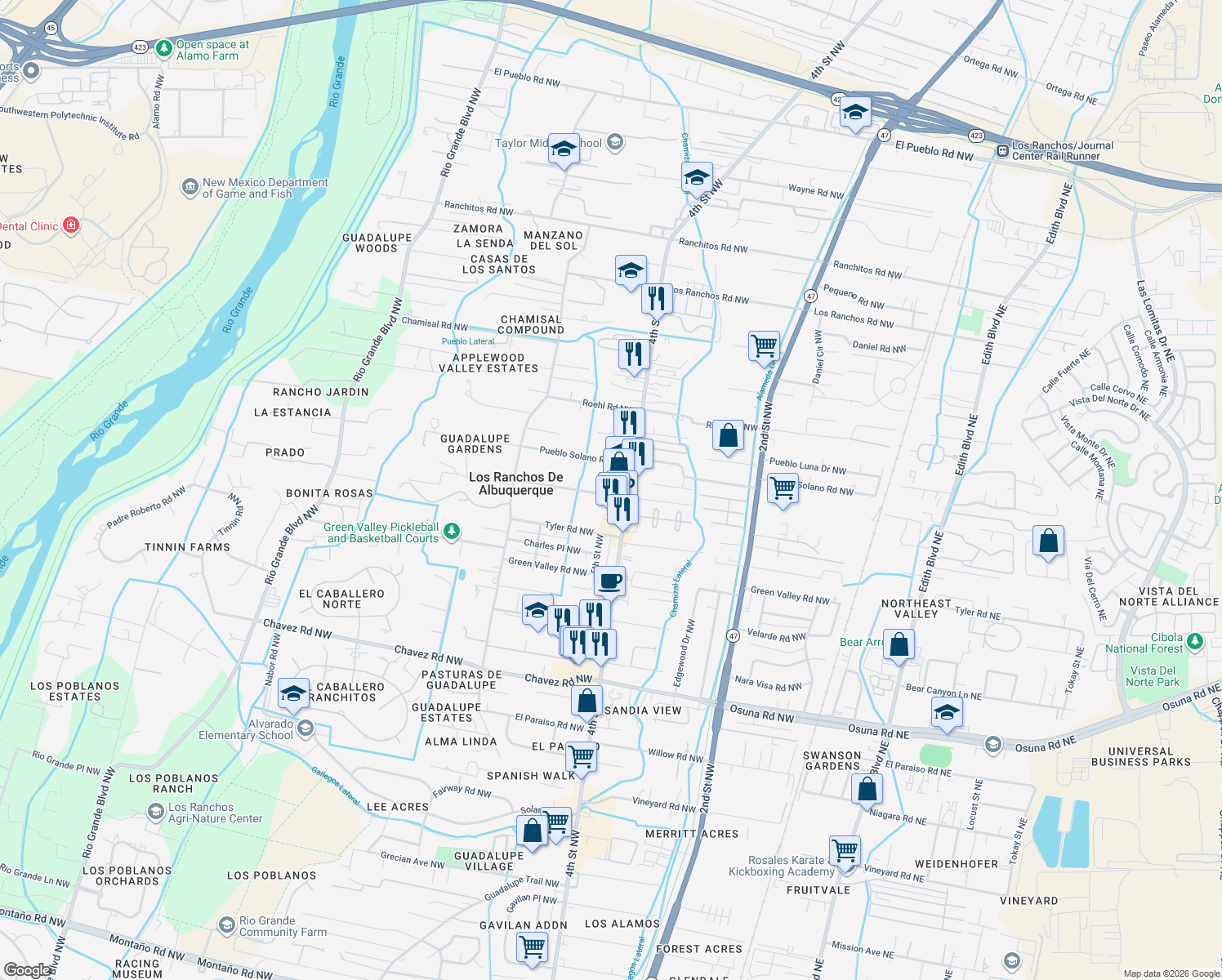 map of restaurants, bars, coffee shops, grocery stores, and more near 411 Bledsoe Road Northwest in Los Ranchos de Albuquerque