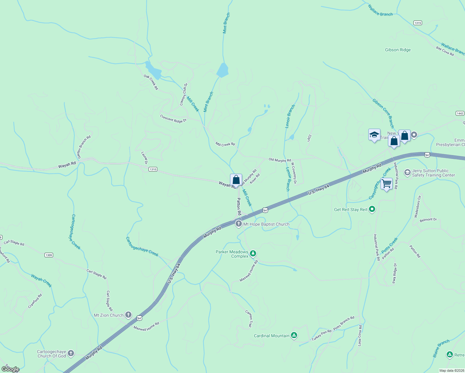map of restaurants, bars, coffee shops, grocery stores, and more near 128 Wayah Road in Franklin