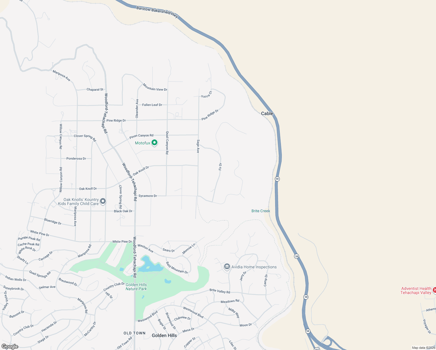 map of restaurants, bars, coffee shops, grocery stores, and more near 23501 Fir Drive in Tehachapi