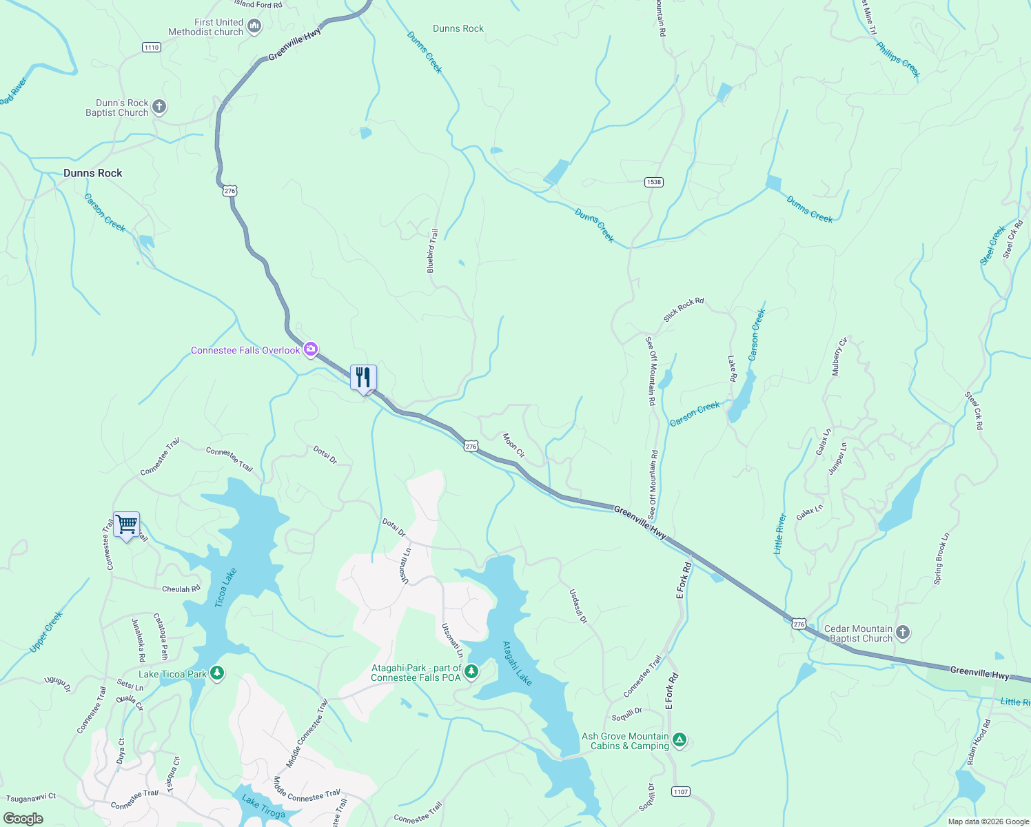 map of restaurants, bars, coffee shops, grocery stores, and more near 2 Thunder Road in Brevard