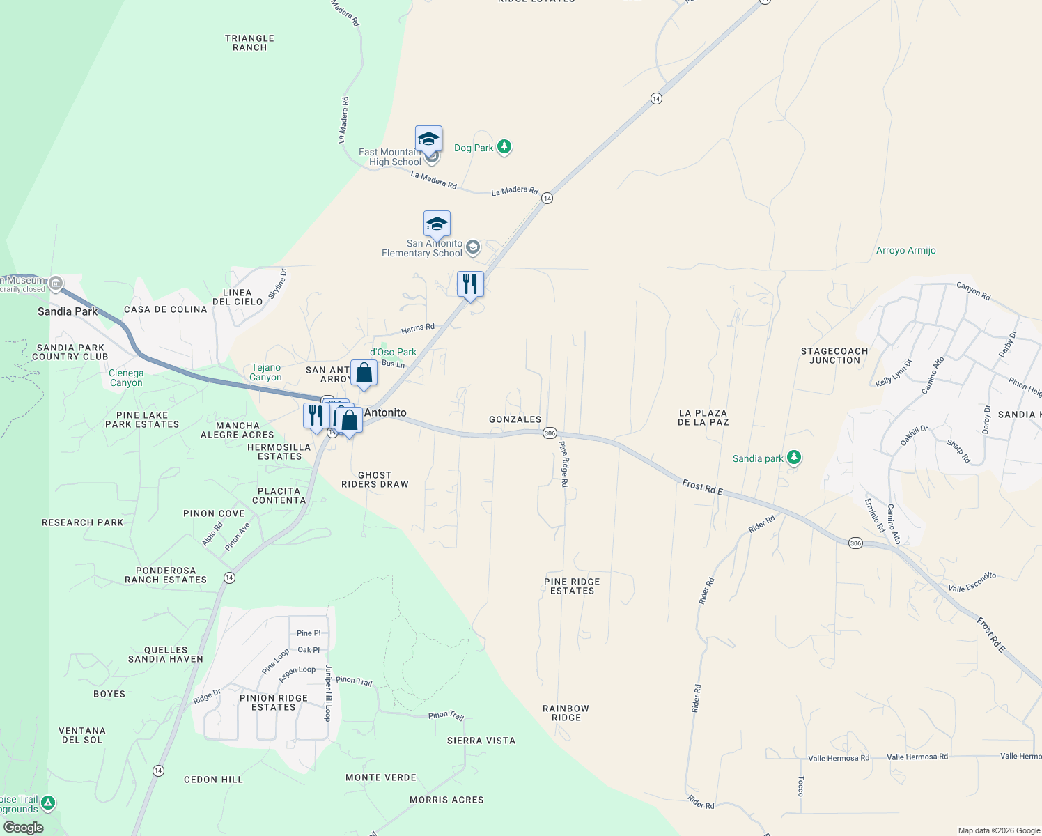 map of restaurants, bars, coffee shops, grocery stores, and more near 53 Frost Road in Sandia Park