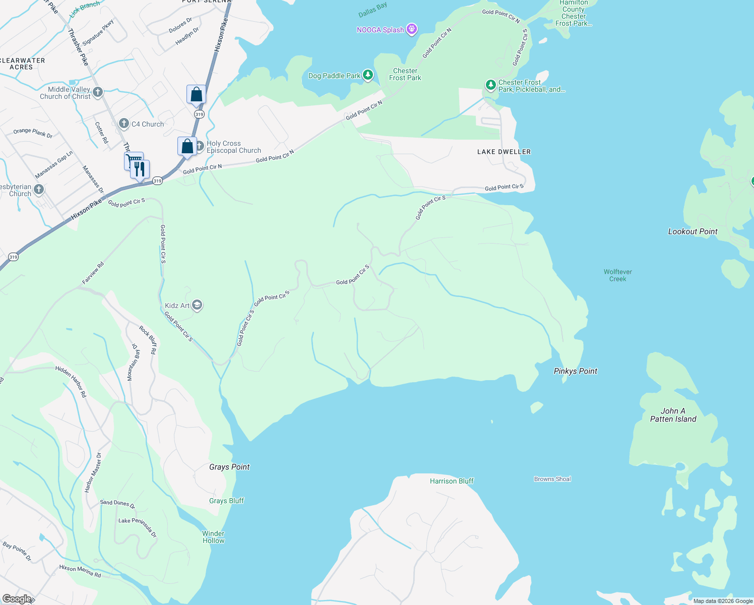 map of restaurants, bars, coffee shops, grocery stores, and more near 7614 Foster Hixson Cemetery Road in Hamilton County