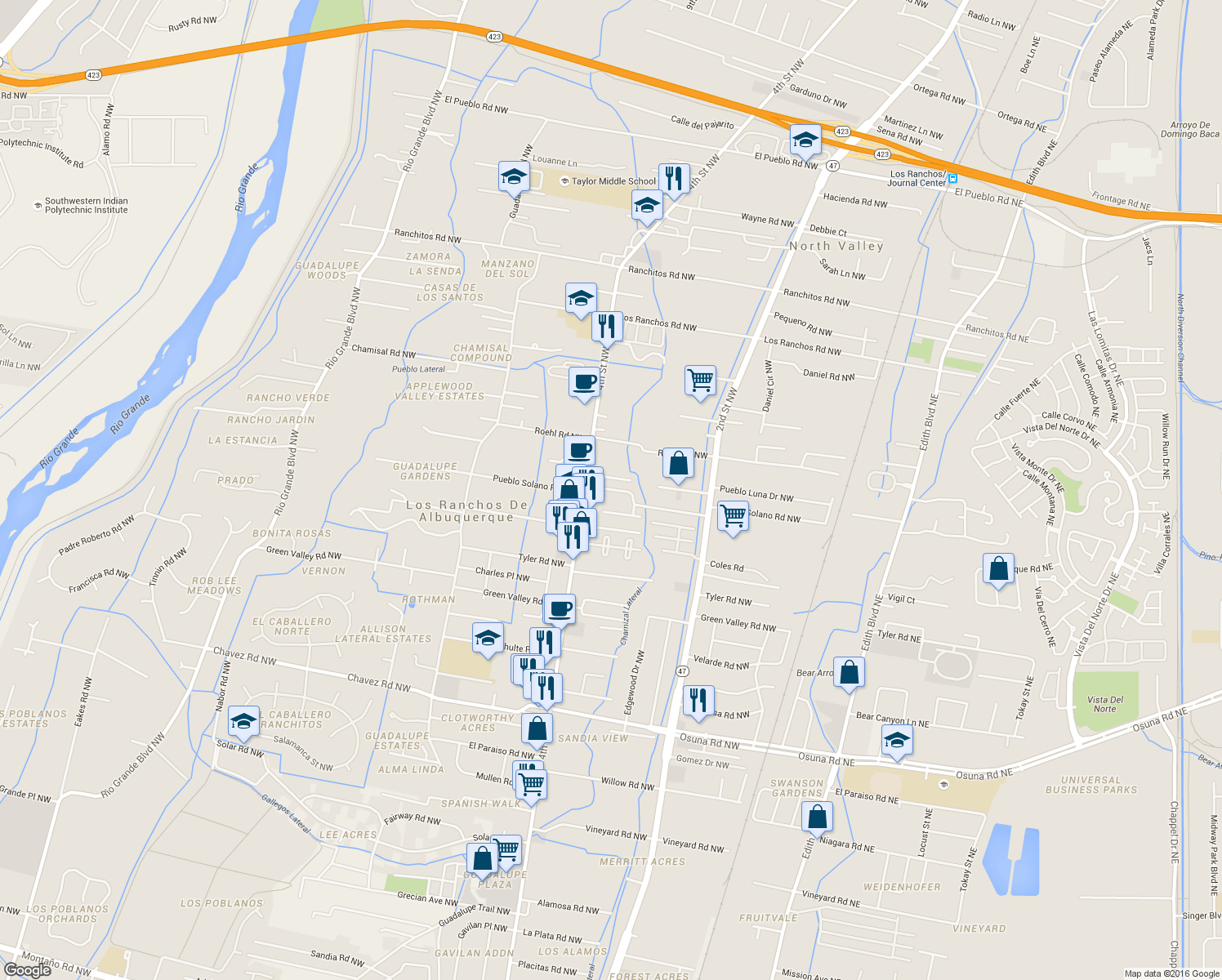 map of restaurants, bars, coffee shops, grocery stores, and more near 358 Pueblo Solano Road Northwest in Albuquerque