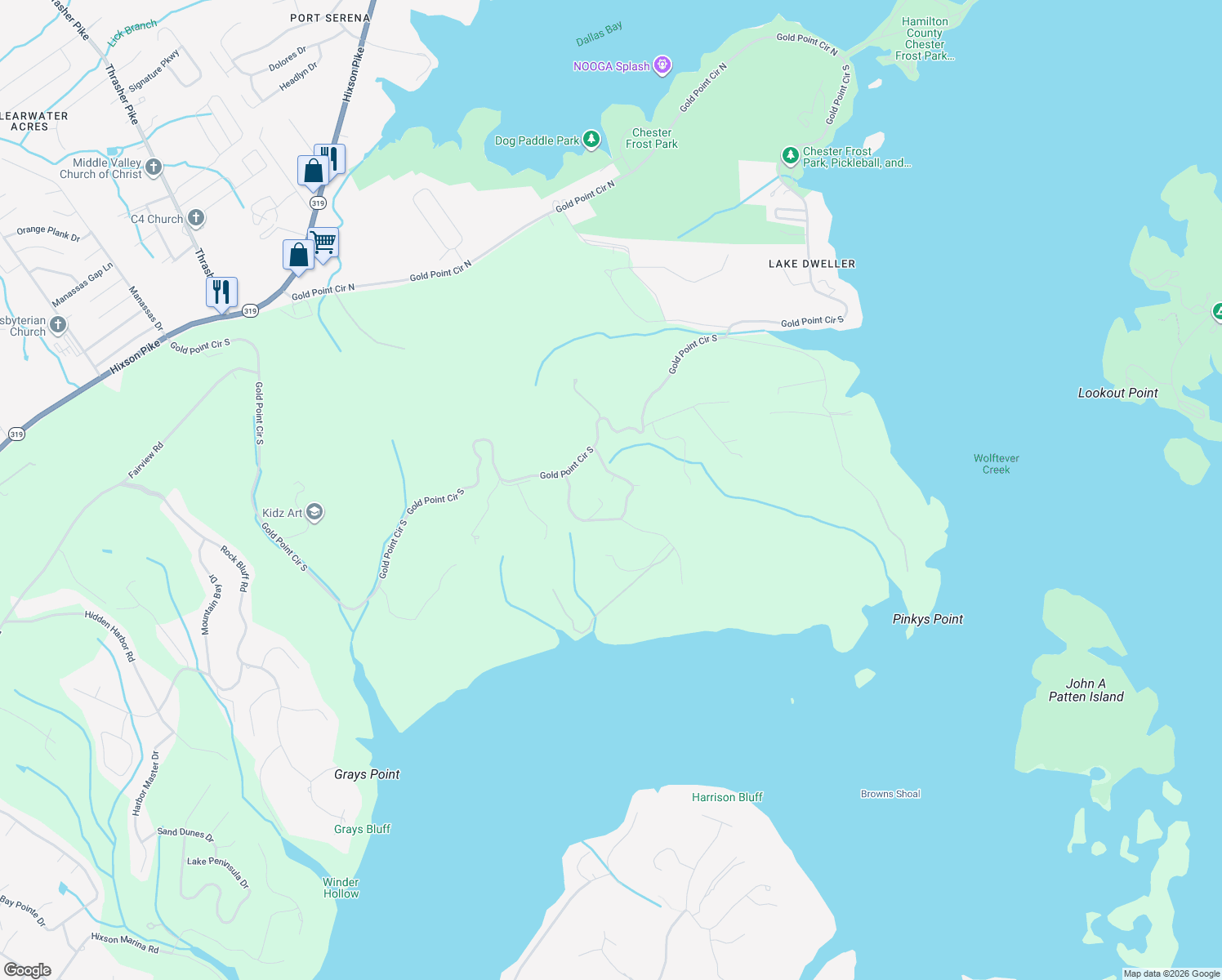 map of restaurants, bars, coffee shops, grocery stores, and more near 7614 Foster Hixson Cemetery Road in Hamilton County