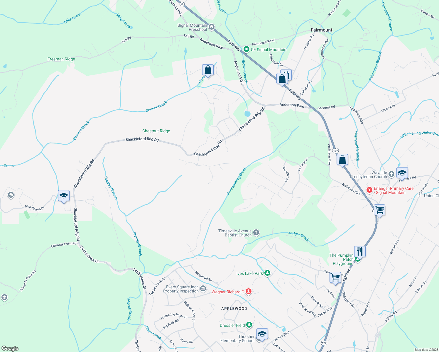 map of restaurants, bars, coffee shops, grocery stores, and more near 5025 Dandelion Trail in Signal Mountain