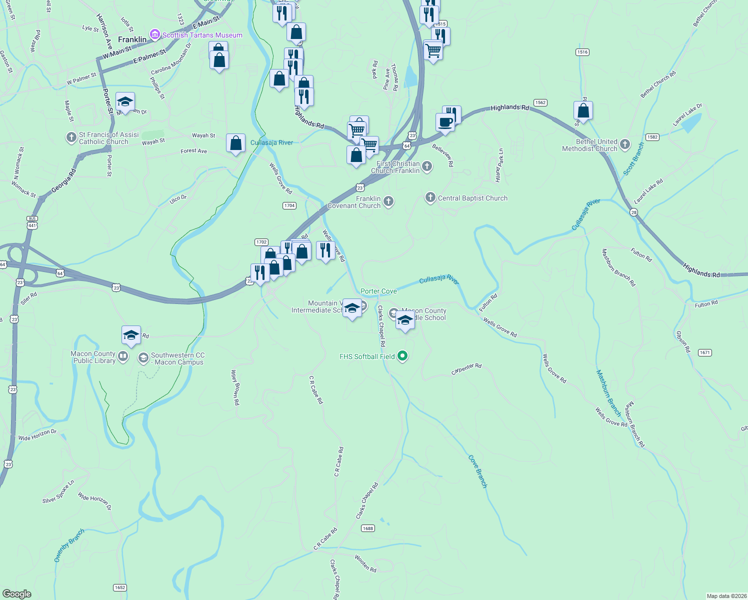 map of restaurants, bars, coffee shops, grocery stores, and more near 1142 Wells Grove Rd in Franklin