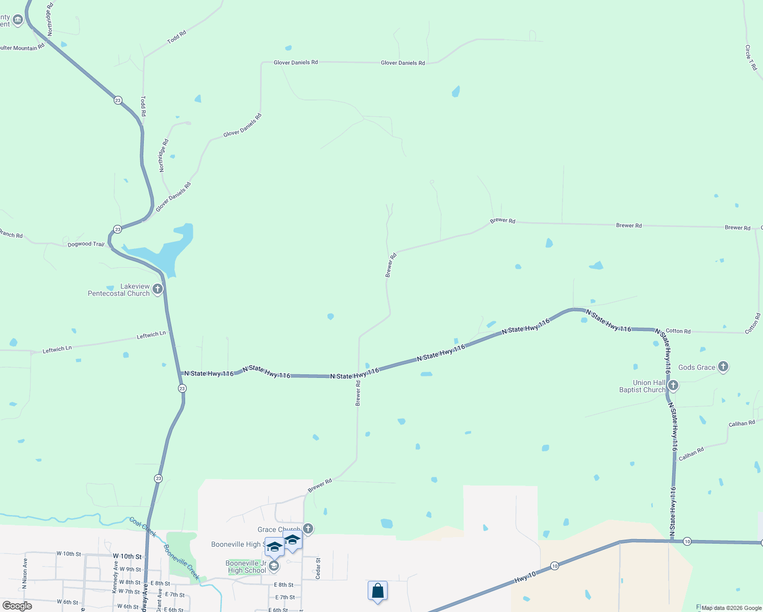 map of restaurants, bars, coffee shops, grocery stores, and more near 2507 Brewer Road in Booneville