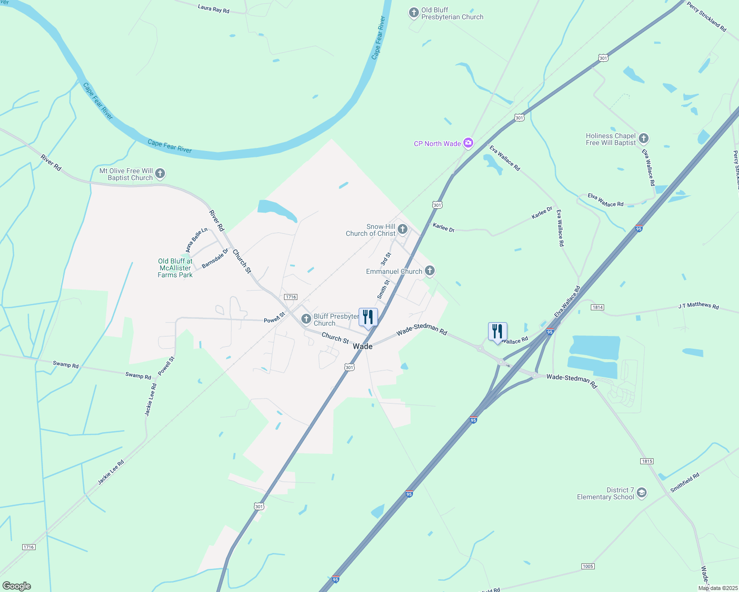 map of restaurants, bars, coffee shops, grocery stores, and more near 7257 Smith St in Wade