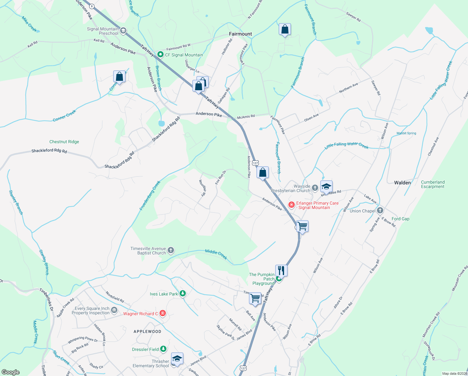map of restaurants, bars, coffee shops, grocery stores, and more near 2833 Anderson Pike in Signal Mountain