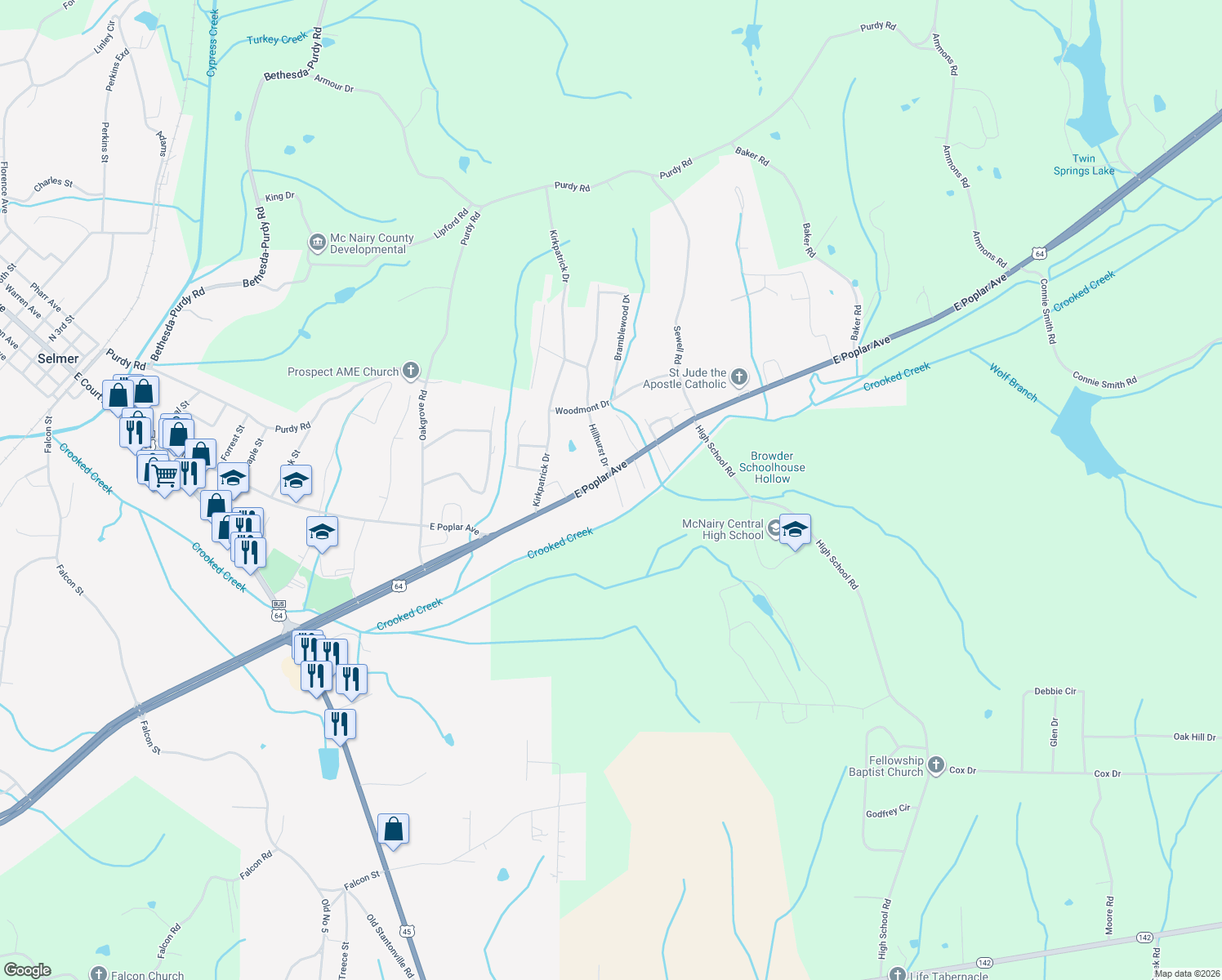 map of restaurants, bars, coffee shops, grocery stores, and more near 125 Sunset Cove in Selmer