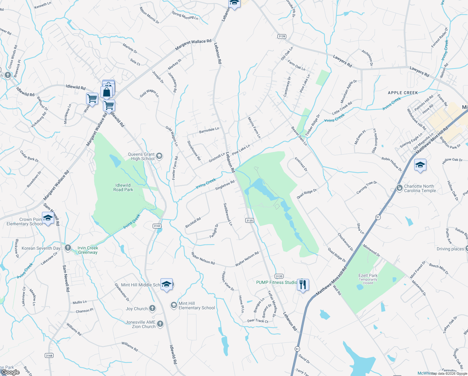map of restaurants, bars, coffee shops, grocery stores, and more near 5625 Lebanon Road in Mint Hill