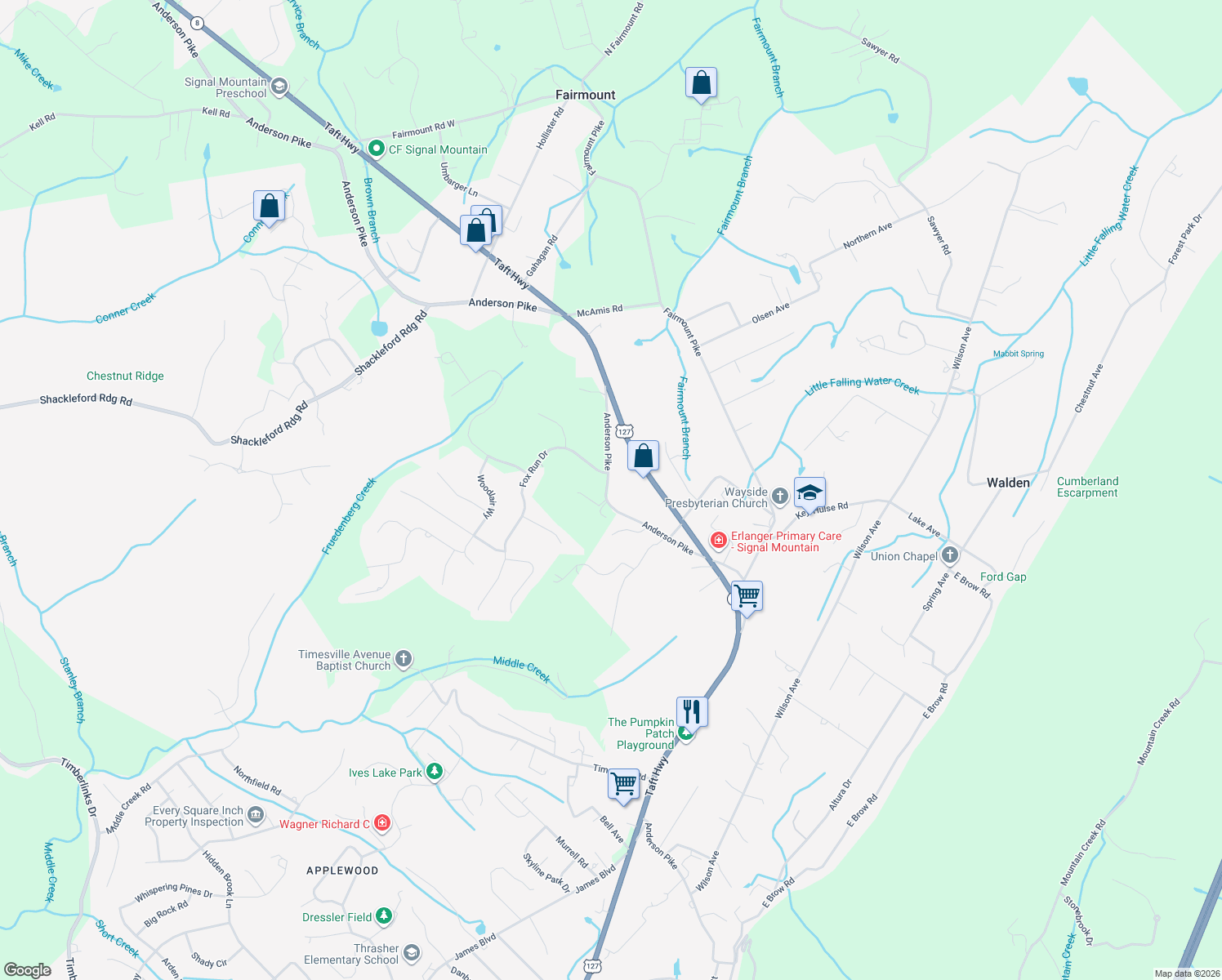 map of restaurants, bars, coffee shops, grocery stores, and more near 2902 Anderson Pike in Signal Mountain