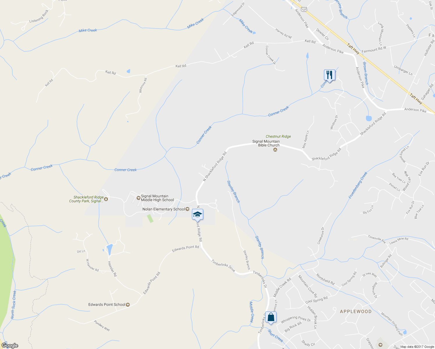 map of restaurants, bars, coffee shops, grocery stores, and more near 4550 Shackleford Ridge Road in Signal Mountain