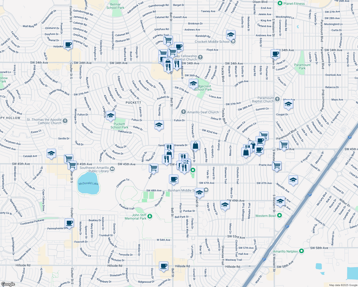 map of restaurants, bars, coffee shops, grocery stores, and more near 5614 Granada Dr in Amarillo
