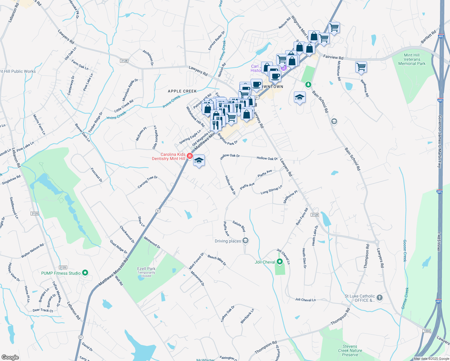 map of restaurants, bars, coffee shops, grocery stores, and more near 6301 Hollow Oak Drive in Mint Hill