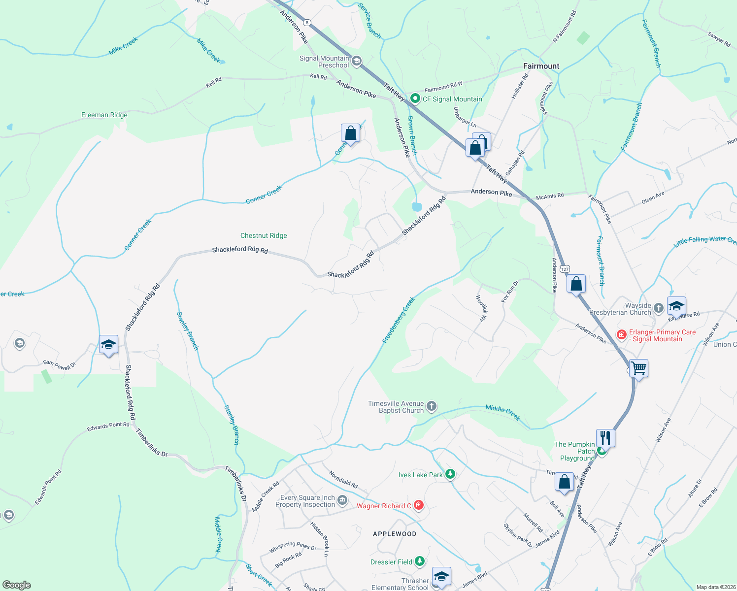 map of restaurants, bars, coffee shops, grocery stores, and more near 5025 Dandelion Trail in Signal Mountain