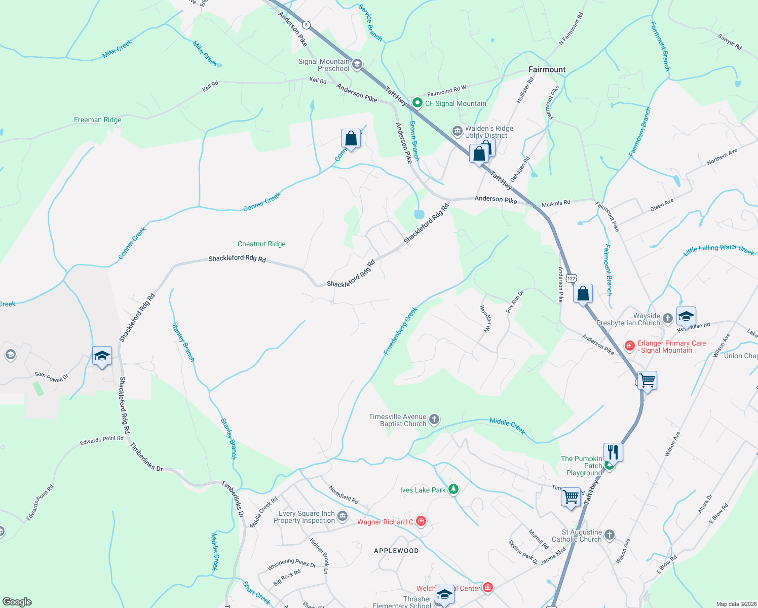 map of restaurants, bars, coffee shops, grocery stores, and more near 5025 Dandelion Trail in Signal Mountain