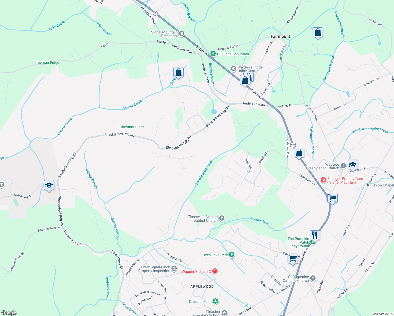 map of restaurants, bars, coffee shops, grocery stores, and more near 5114 Virginia Pine Road in Signal Mountain