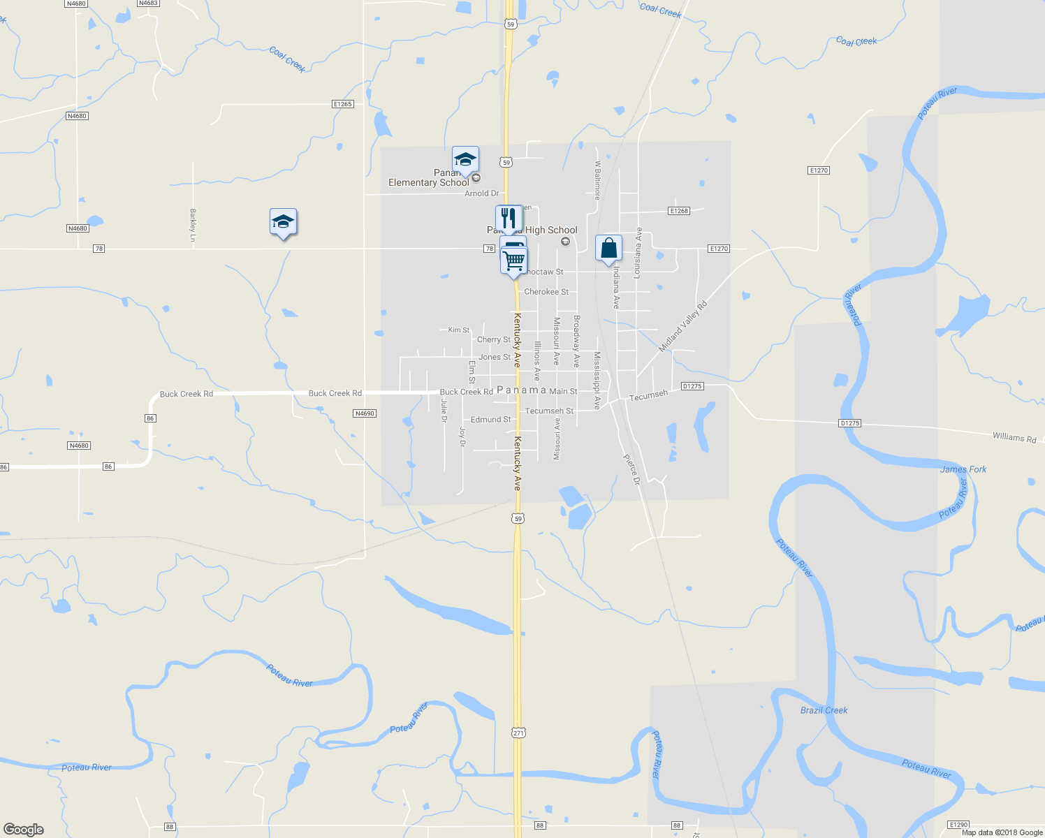 map of restaurants, bars, coffee shops, grocery stores, and more near 203 Kentucky Avenue in Bokoshe