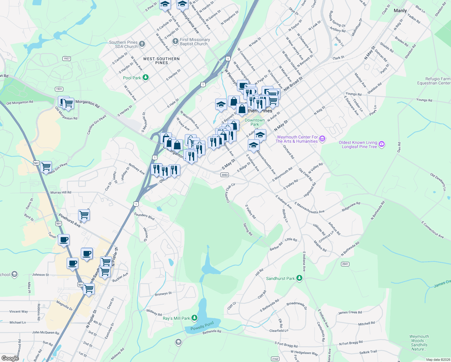 map of restaurants, bars, coffee shops, grocery stores, and more near 709 S Ridge St in Southern Pines