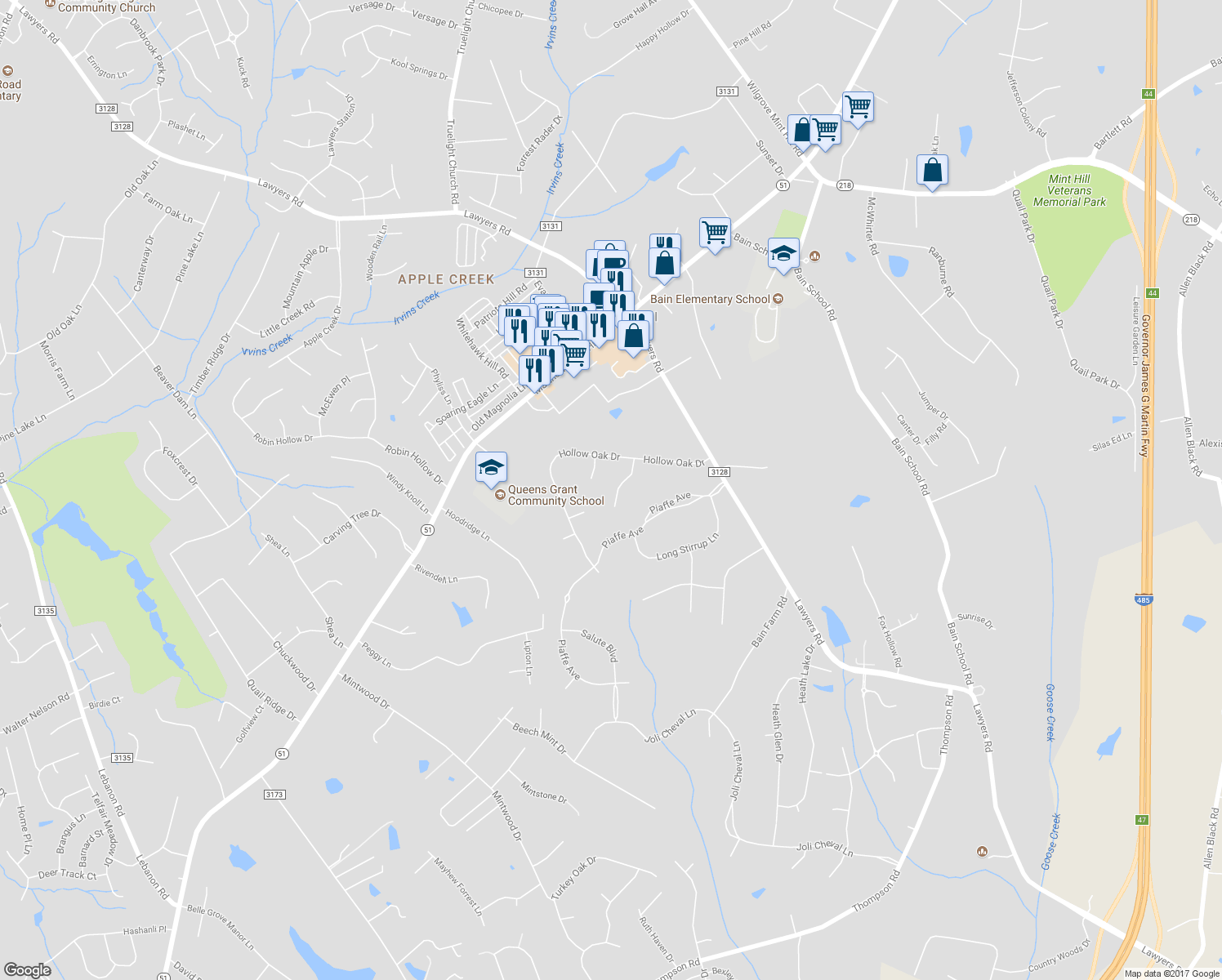 map of restaurants, bars, coffee shops, grocery stores, and more near 12010 Shady Oak Court in Mint Hill
