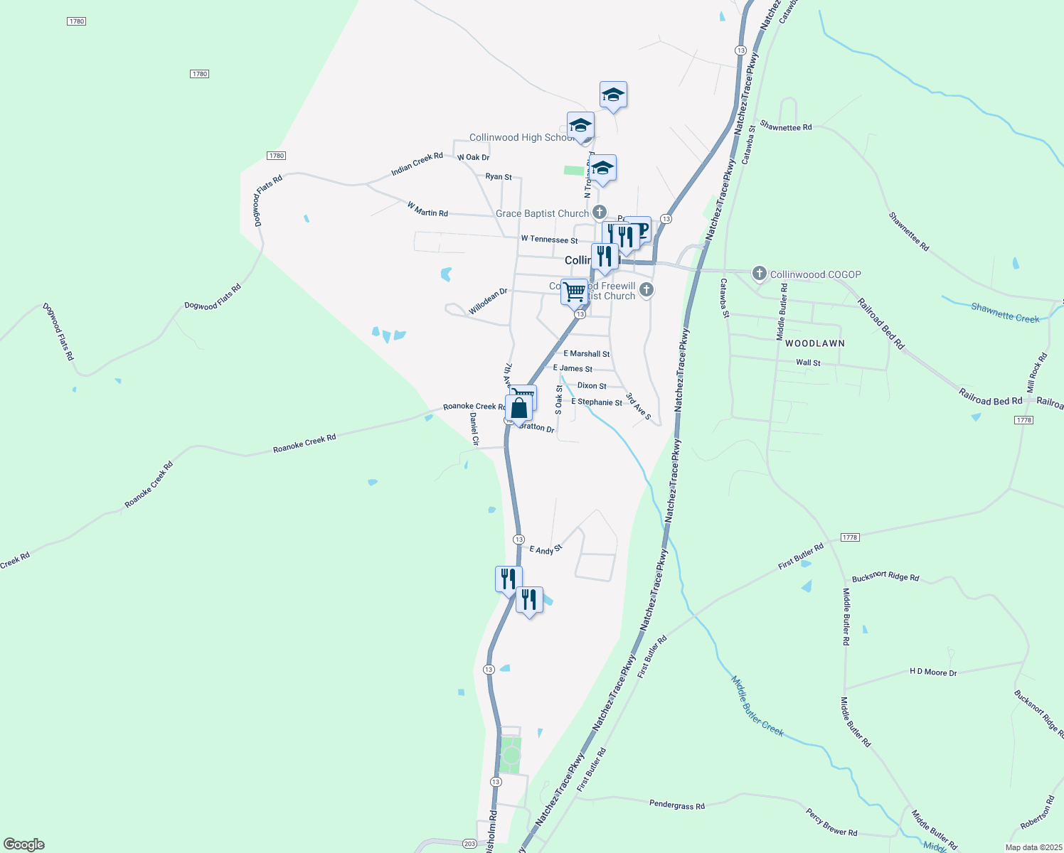 map of restaurants, bars, coffee shops, grocery stores, and more near Bratton Dr in Collinwood