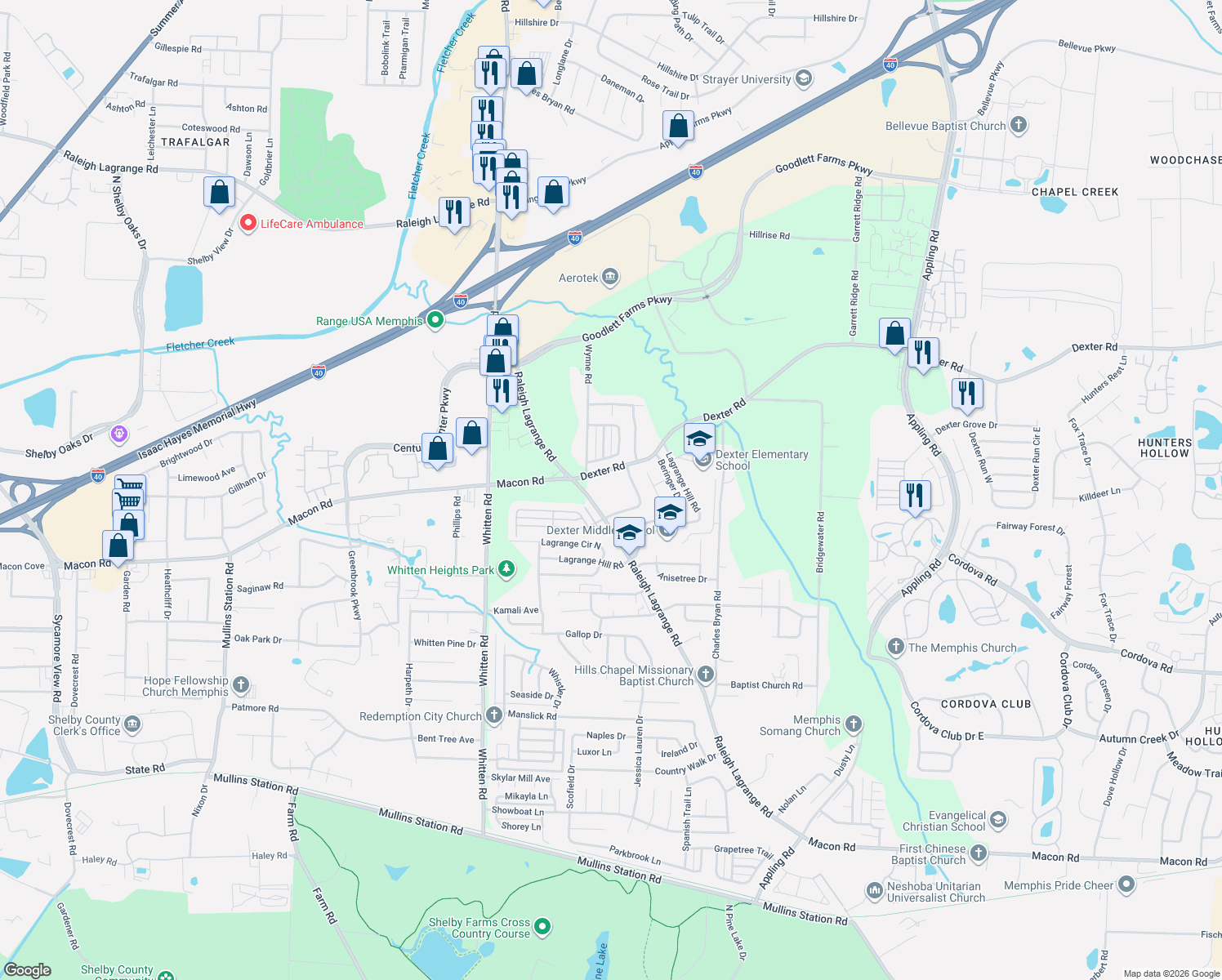 map of restaurants, bars, coffee shops, grocery stores, and more near 6979 Dexter Road in Shelby County