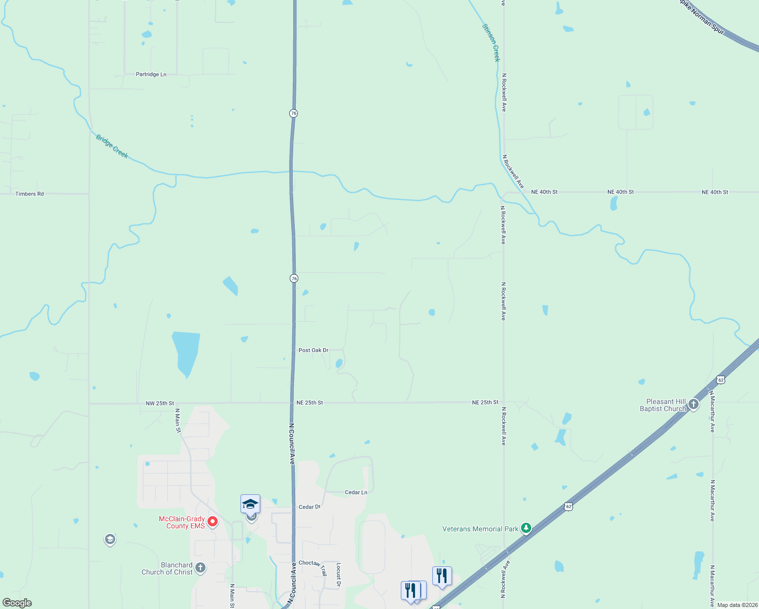 map of restaurants, bars, coffee shops, grocery stores, and more near 1093 Amy Dr in Blanchard