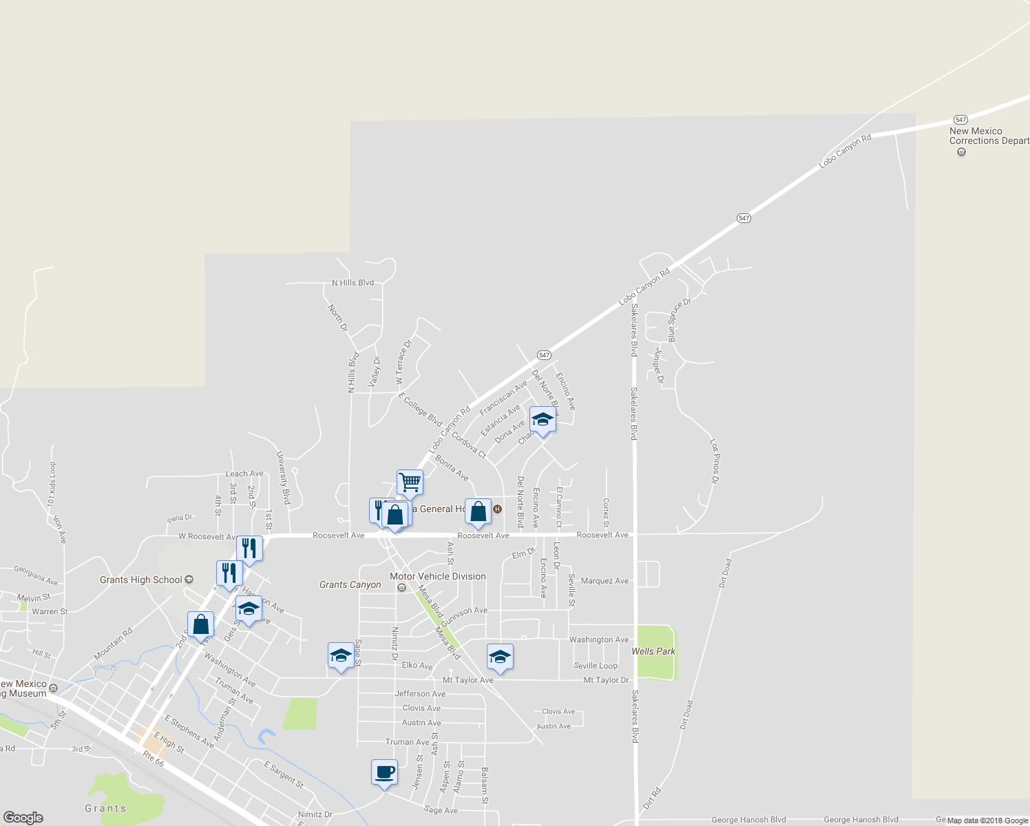 map of restaurants, bars, coffee shops, grocery stores, and more near 1409 Estancia Avenue in Grants