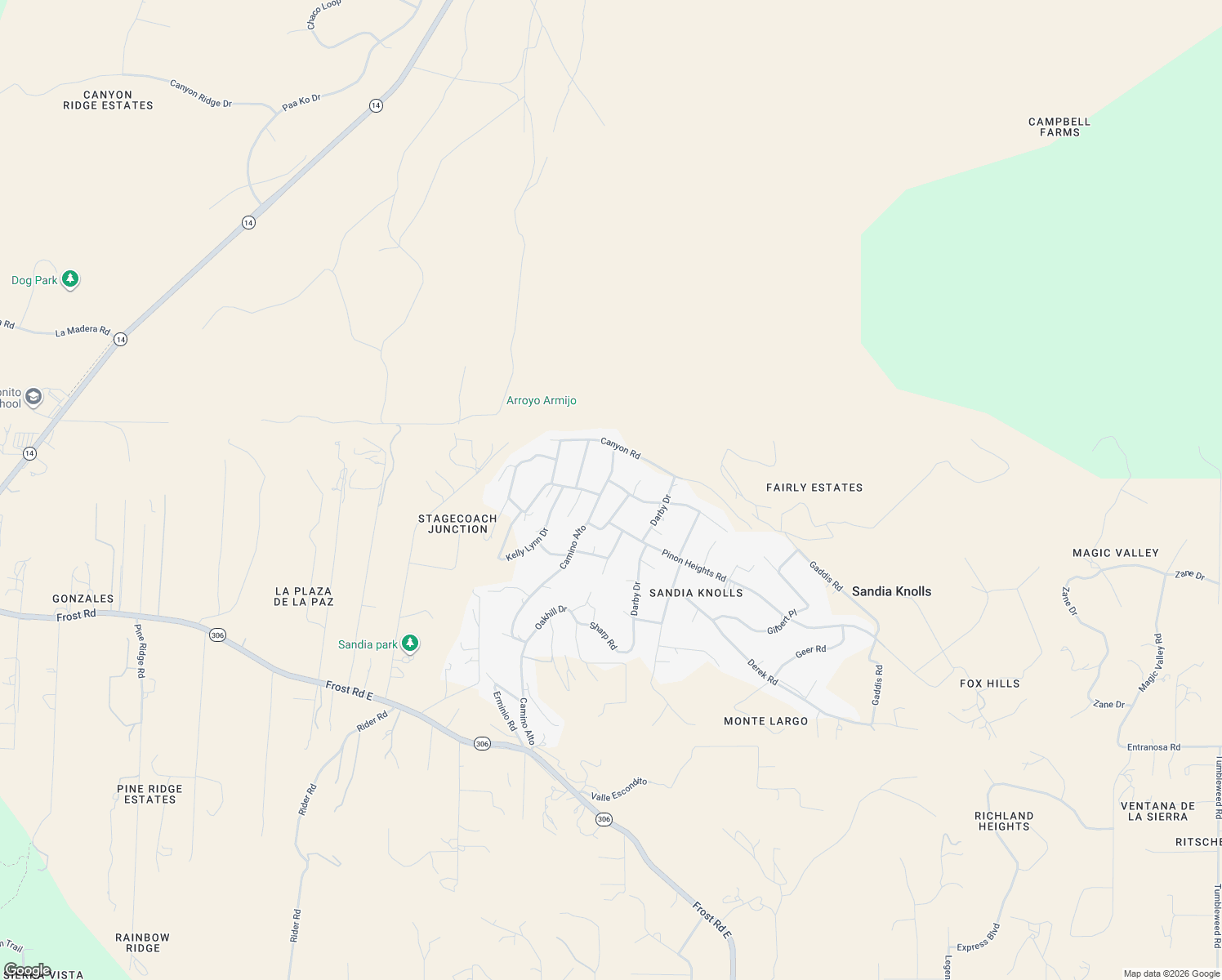 map of restaurants, bars, coffee shops, grocery stores, and more near 16 Longview Road in Sandia Park