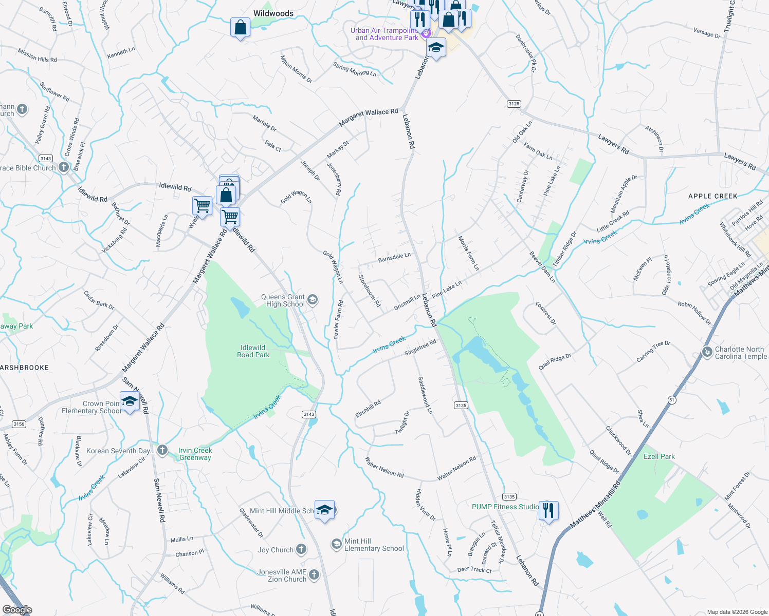 map of restaurants, bars, coffee shops, grocery stores, and more near 5501 Gristmill Lane in Mint Hill